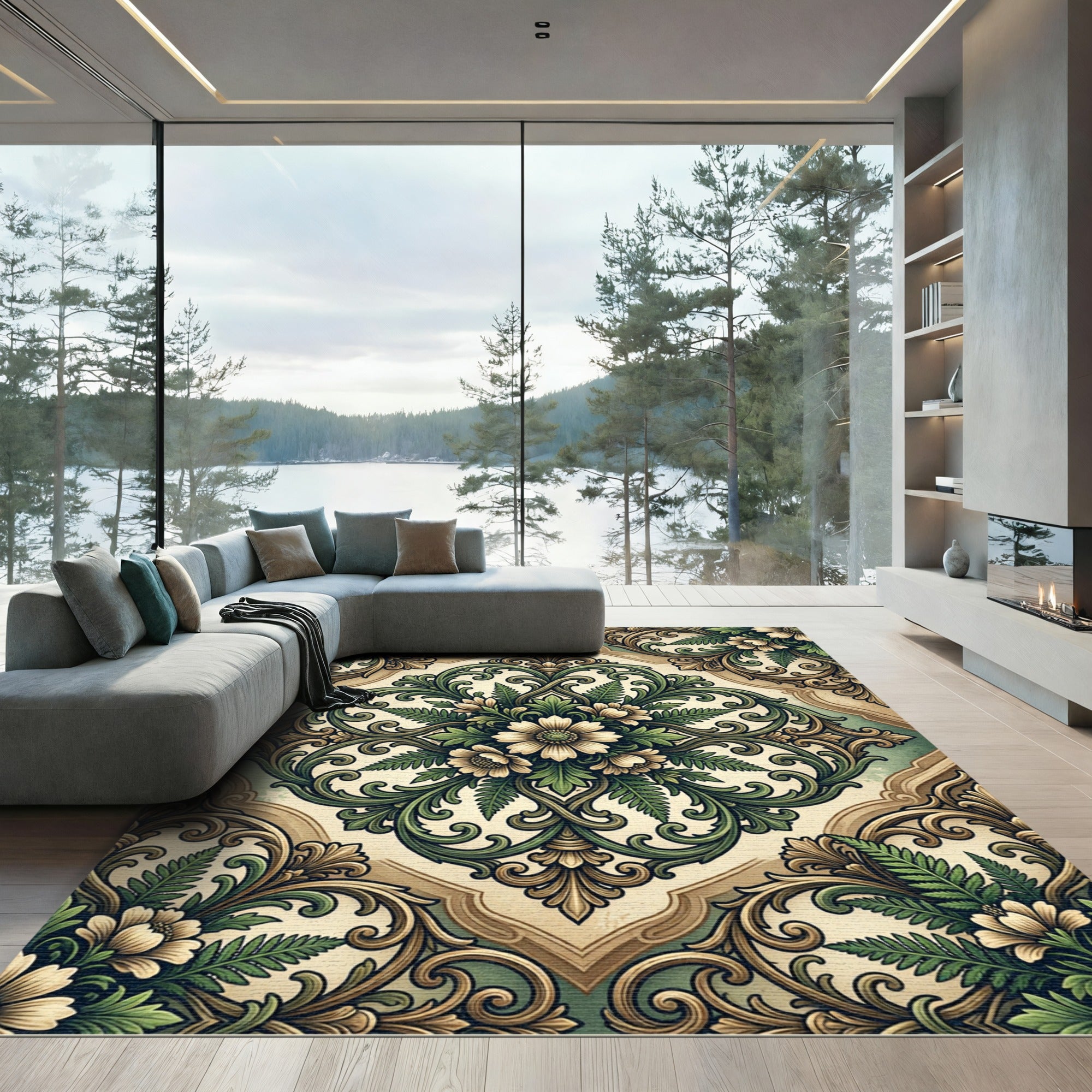 Sage Botanical Floret Scroll Medallion Rug