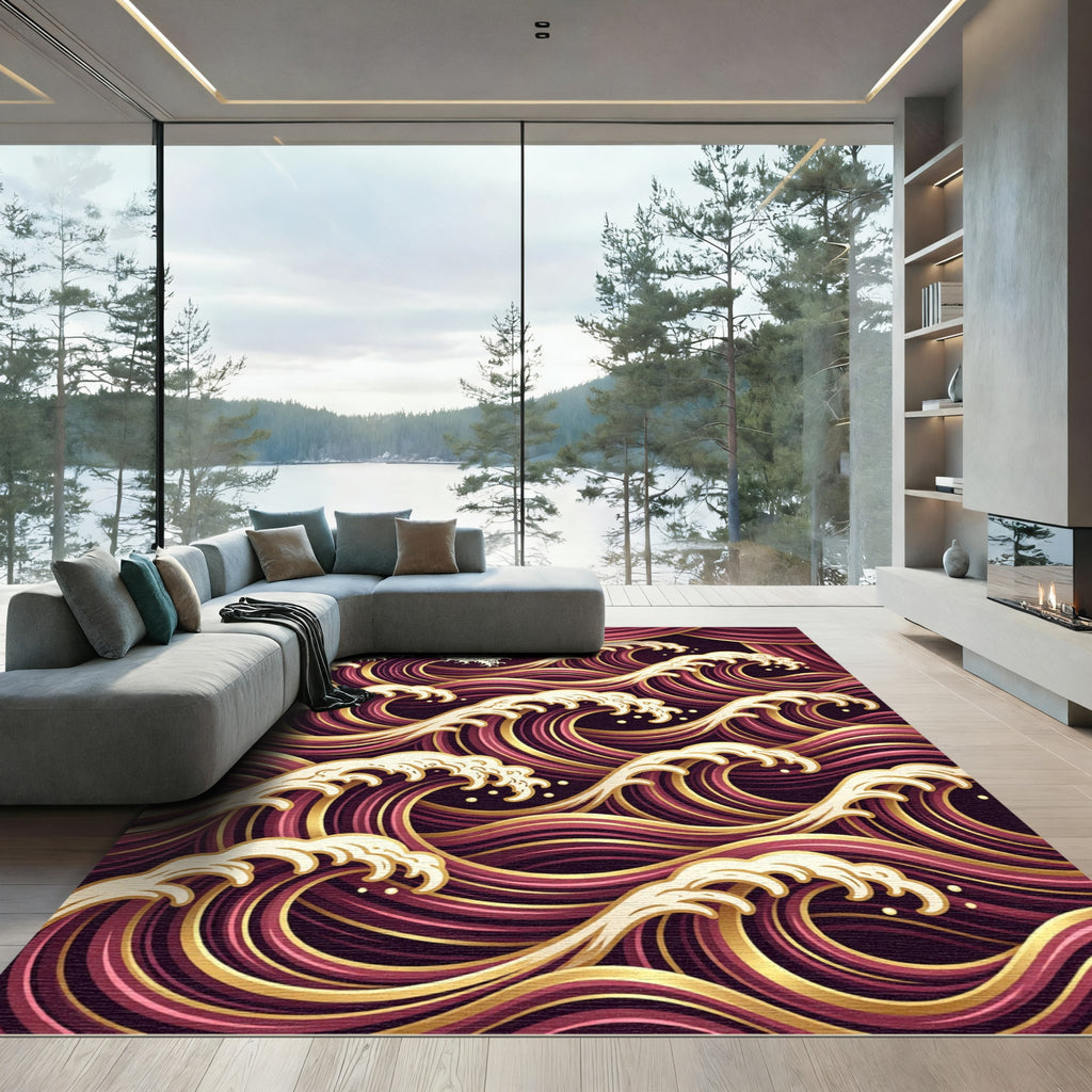 Majestic Crimson Gold Japanese Wave Rug