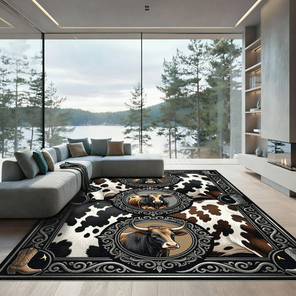 Rustic Western Bull Portrait Frame Rug