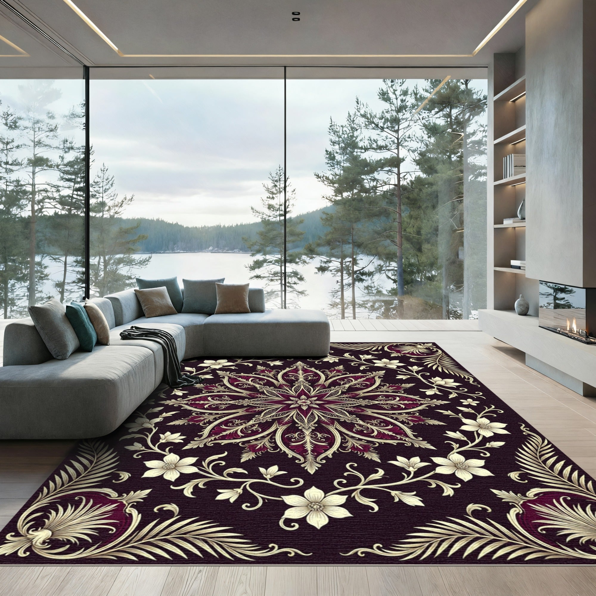 Elegant Midnight Burgundy Floral Medallion Rug