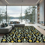 Yellow Floral Vine Scroll Black Rug