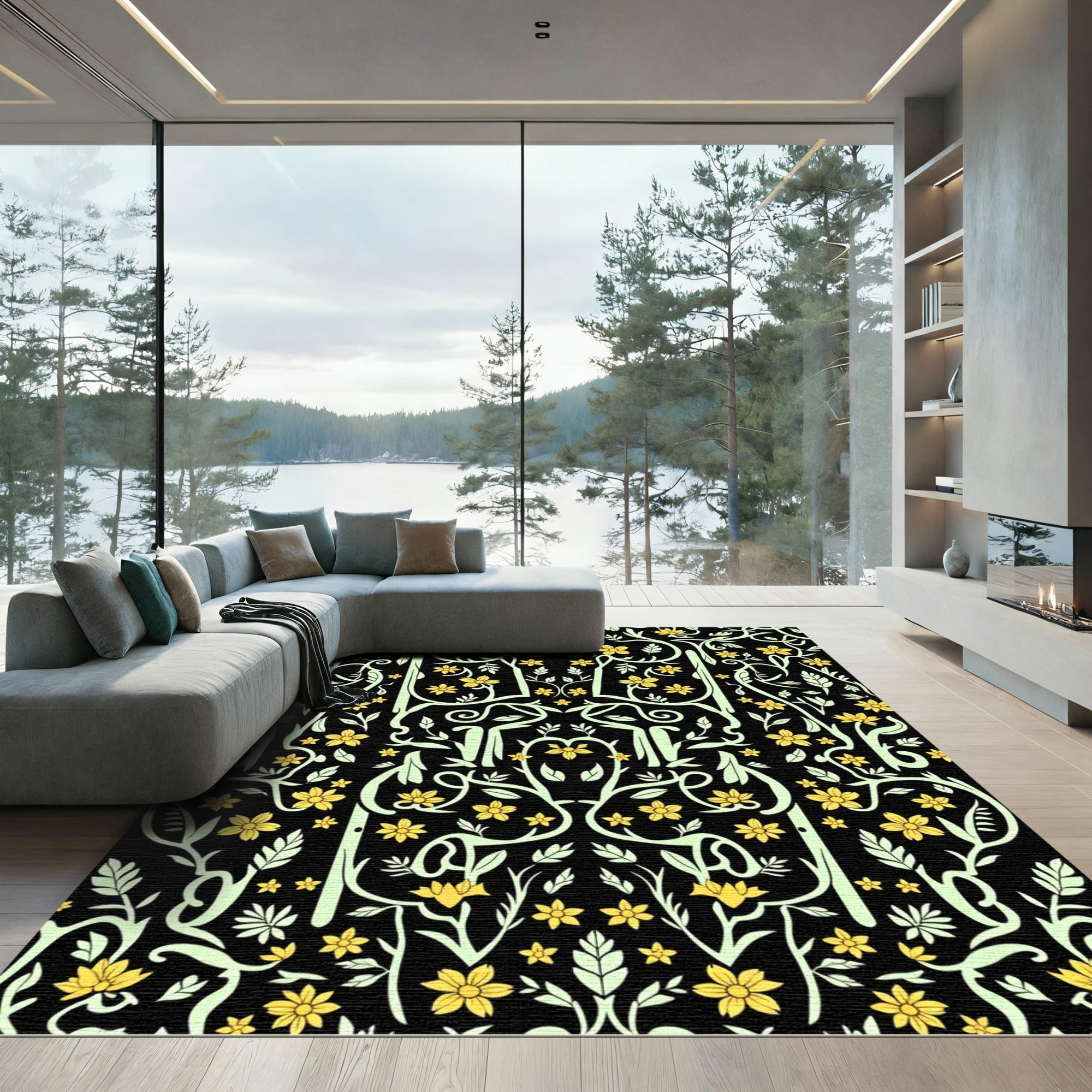 Yellow Floral Vine Scroll Black Rug