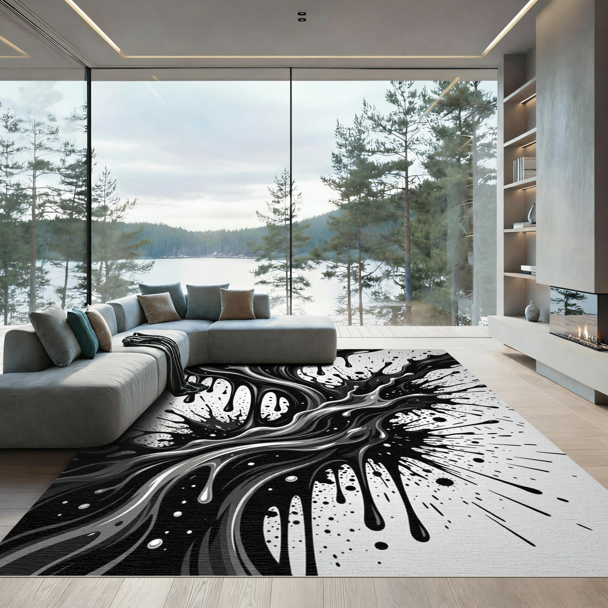 Monochrome Liquid Ink Abstract Flow Rug