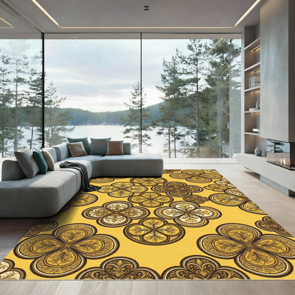 Golden Quatrefoil Floral Damask Medallion Rug