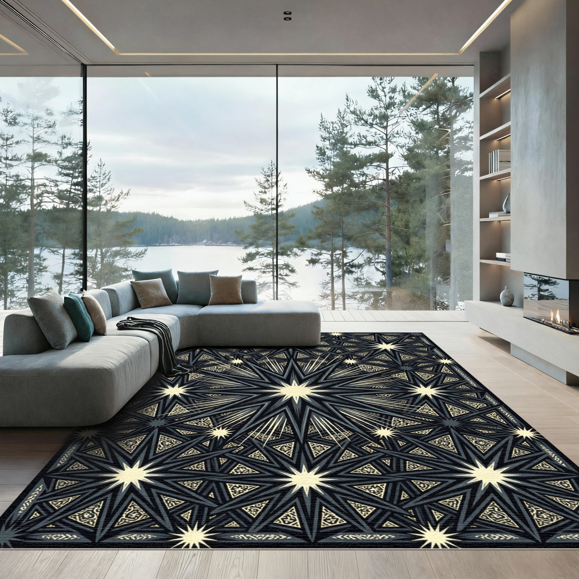 Dark Geometric Starburst Arrangement Rug
