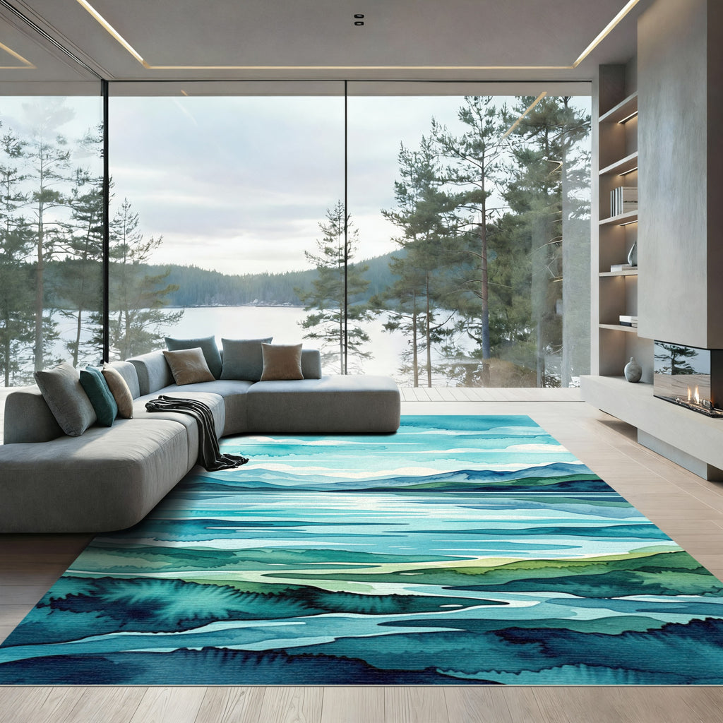 Watercolor Blue Mountain Lake Landscape Rug