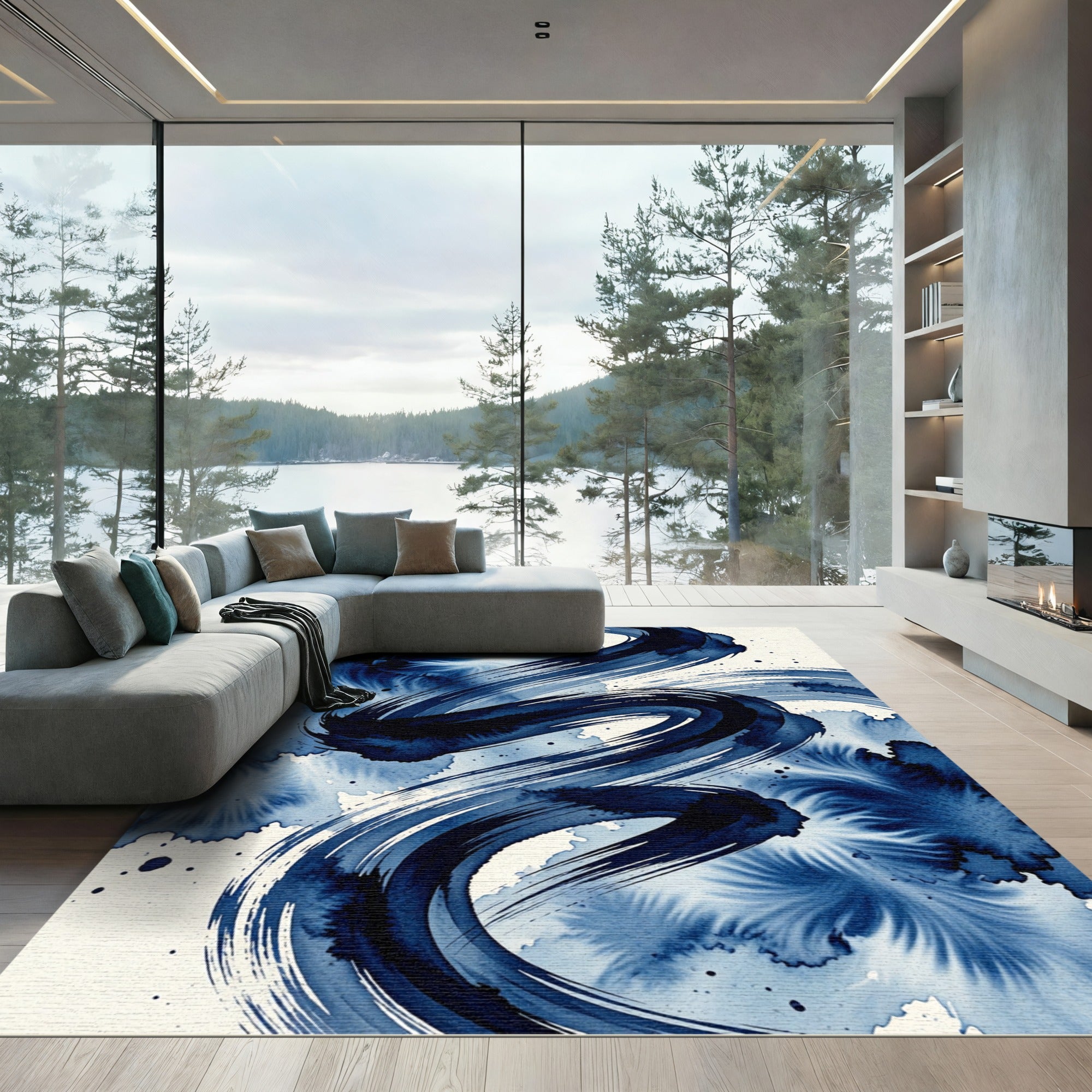 Indigo Abstract Swirl Watercolor Art Rug