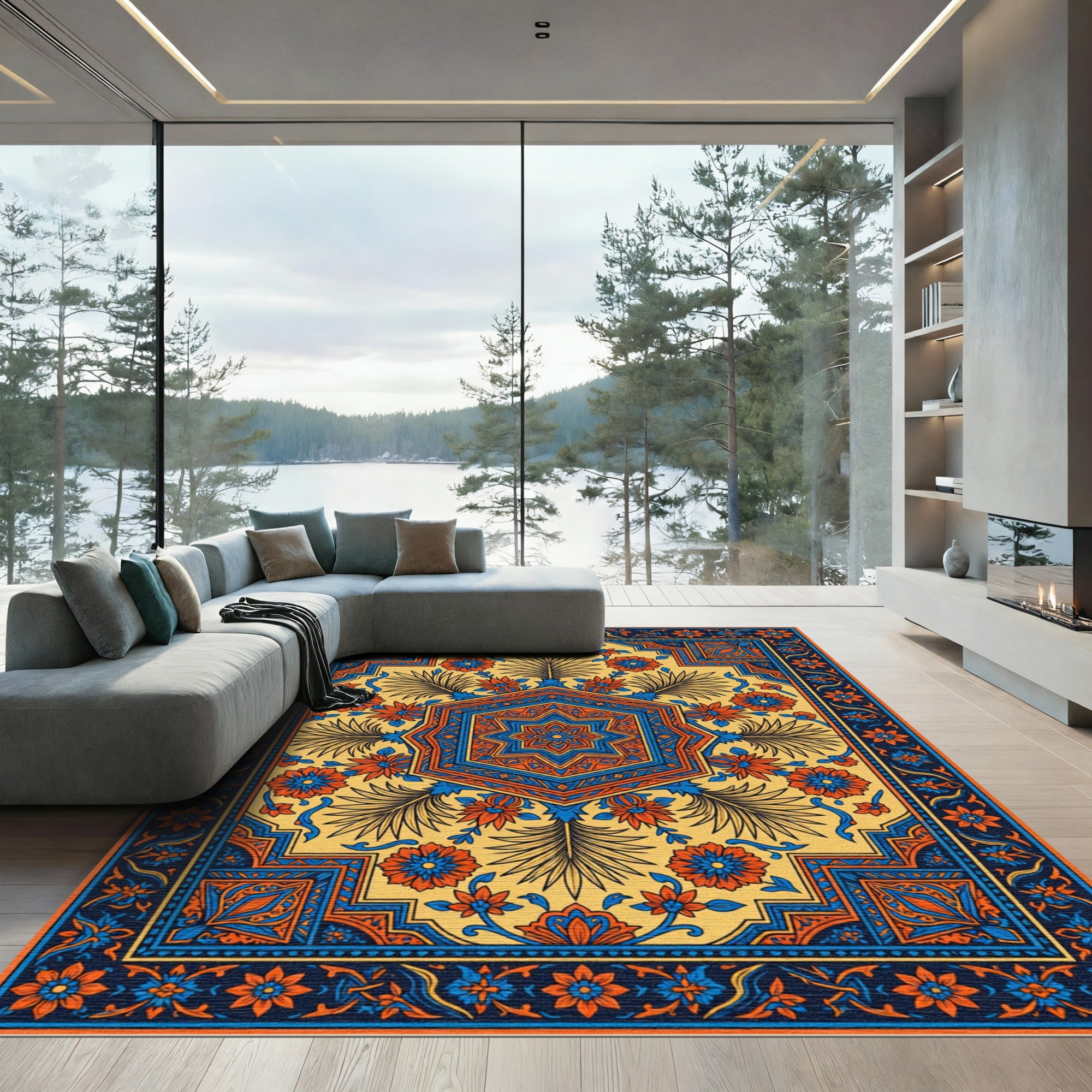 Vibrant Blue and Orange Floral Hexagon Rug