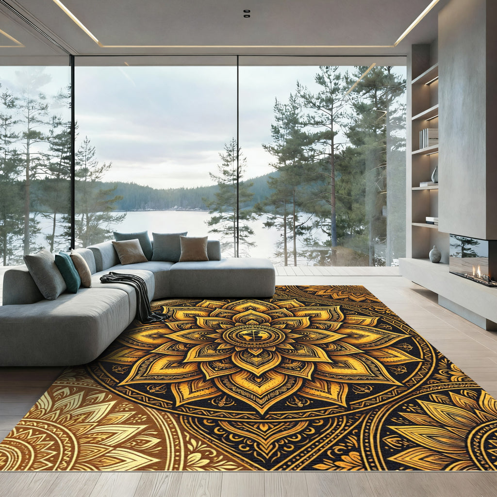 Golden Floral Mandala Earth Globe Rug
