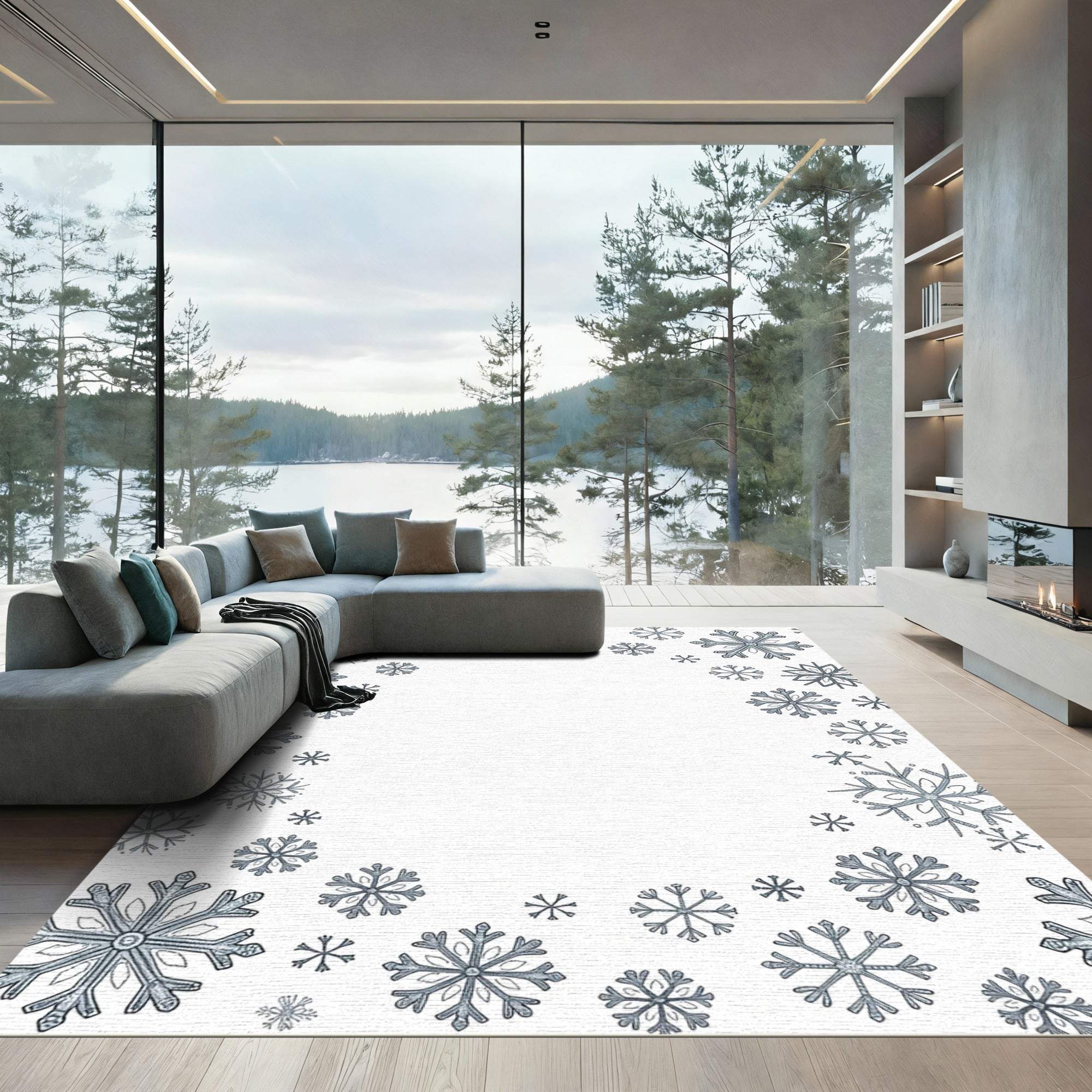 Winter Blue Snowflake Border Rug