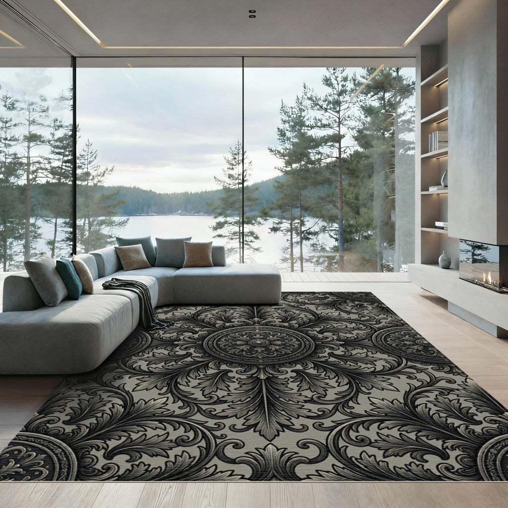 Antique Charcoal Acanthus Scroll Medallion Rug