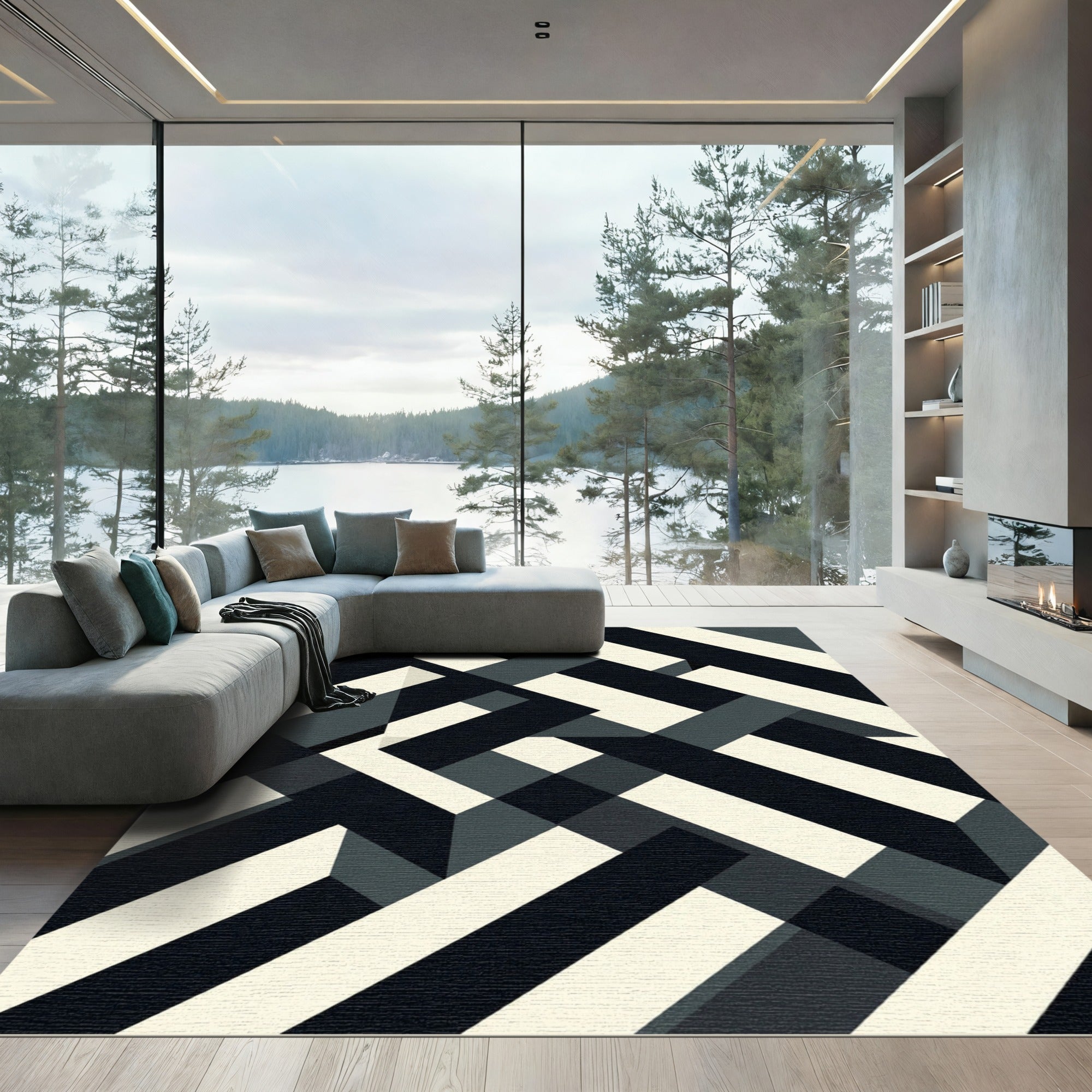 Monochromatic Geometric Intersecting Linear Art Rug