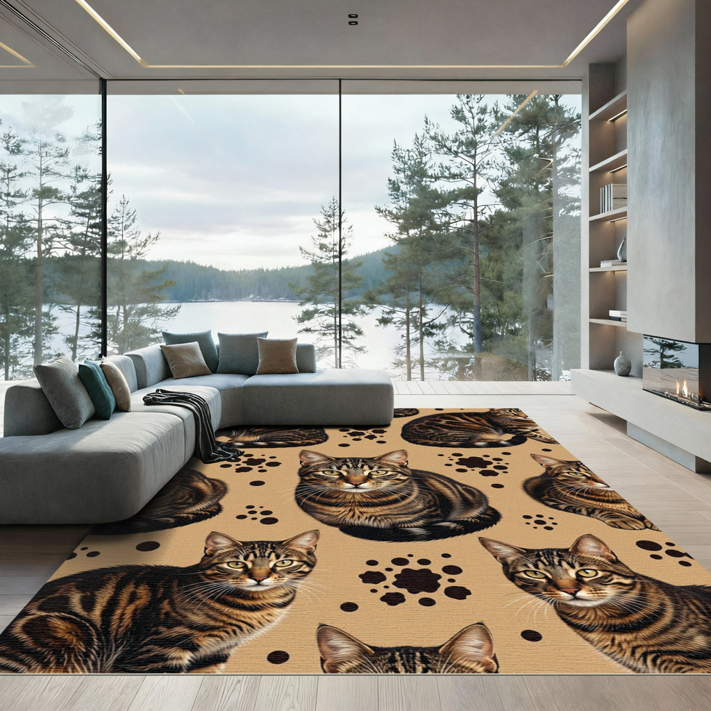 Whimsical Brown Tabby Cat Spotted Rug