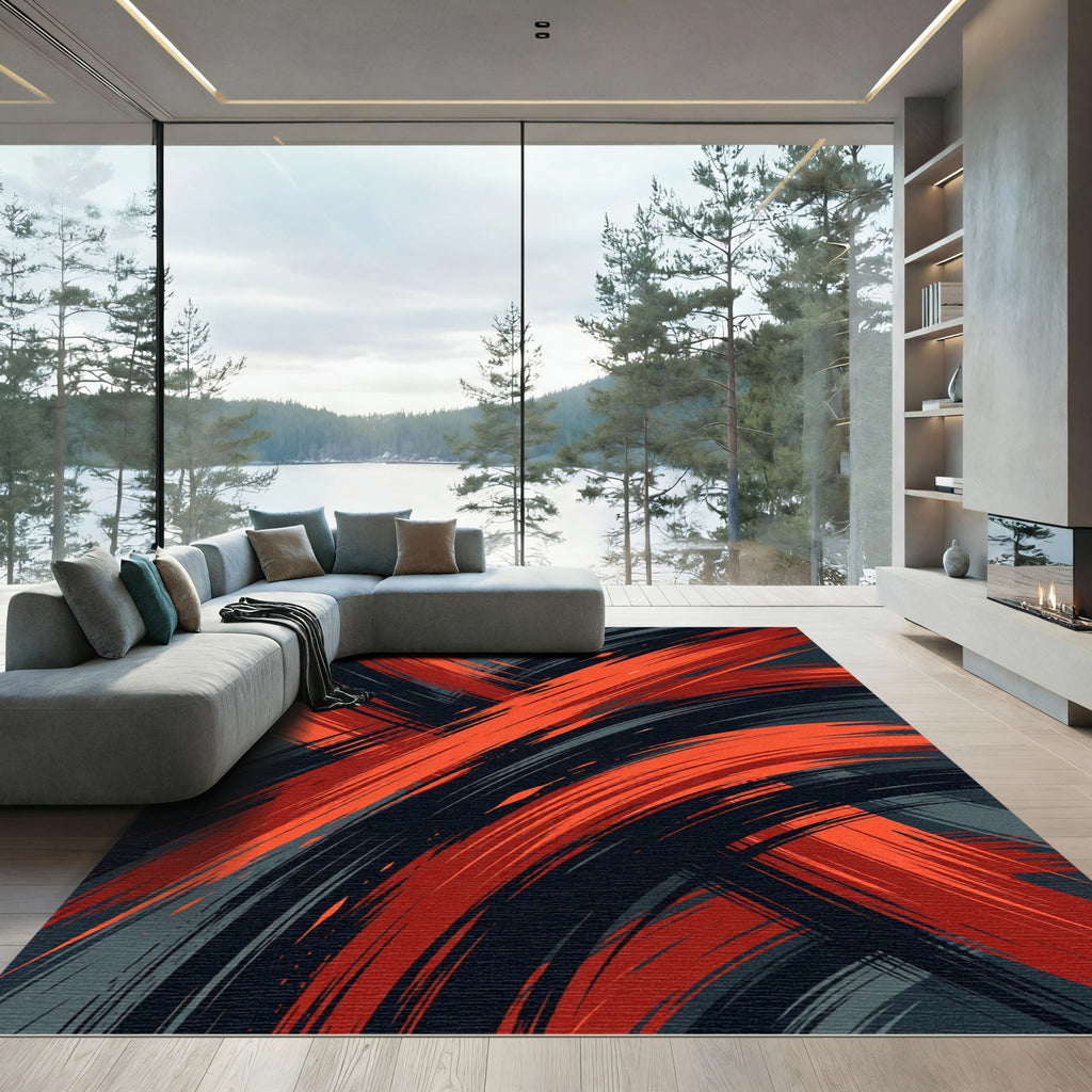 Contemporary Vibrant Red Charcoal Abstract Swirl Rug
