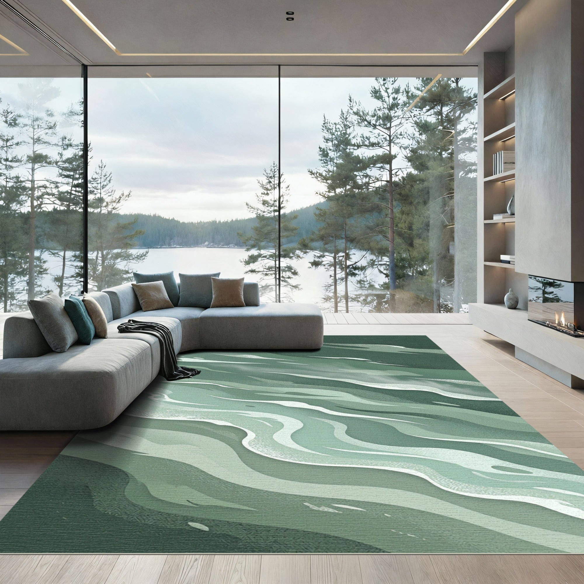 Serene Sage Green Flowing Abstract Wave Rug