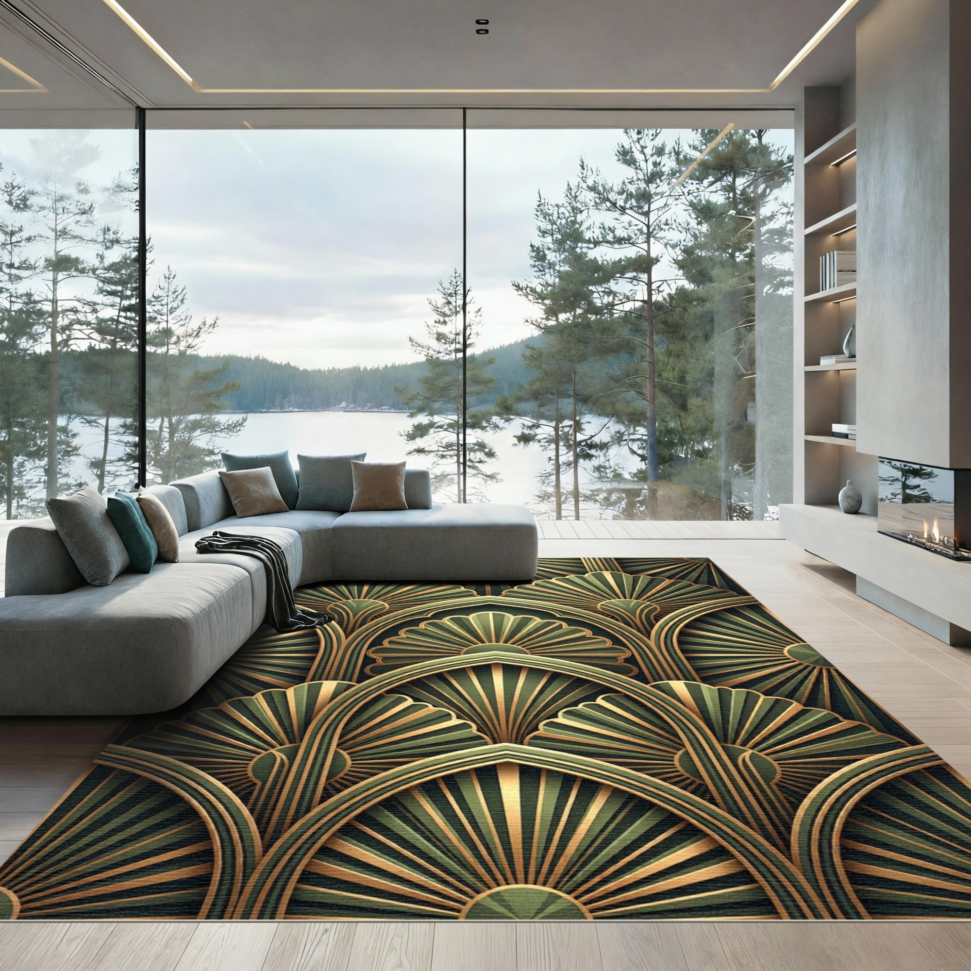 Art Deco Emerald Golden Fan Segment Rug