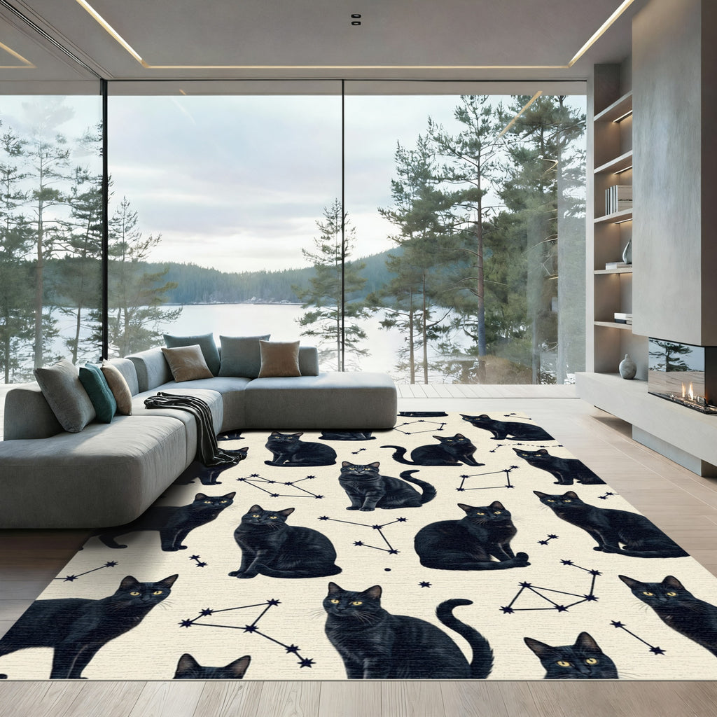 Celestial Black Cat Star Constellation Rug