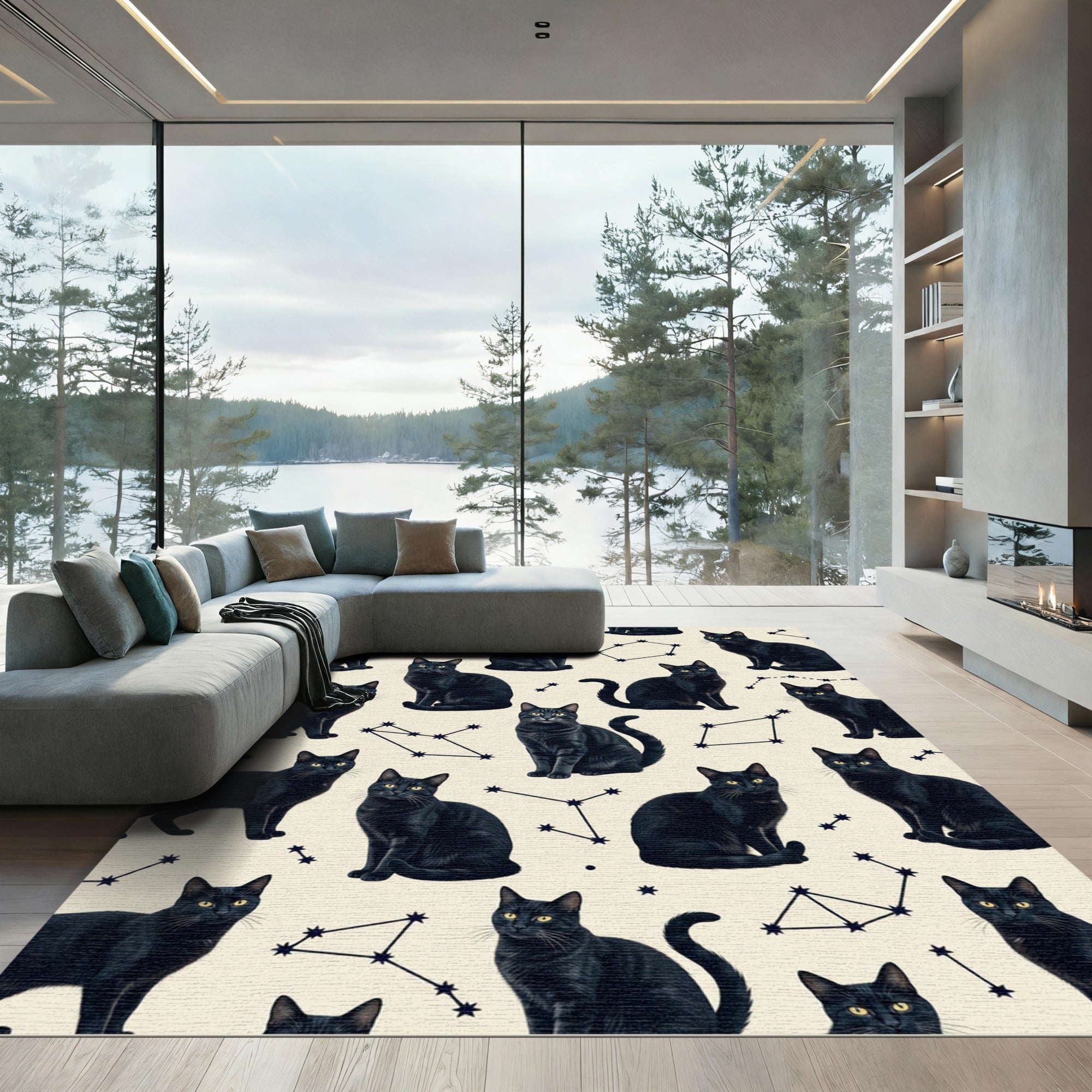 Celestial Black Cat Star Constellation Rug