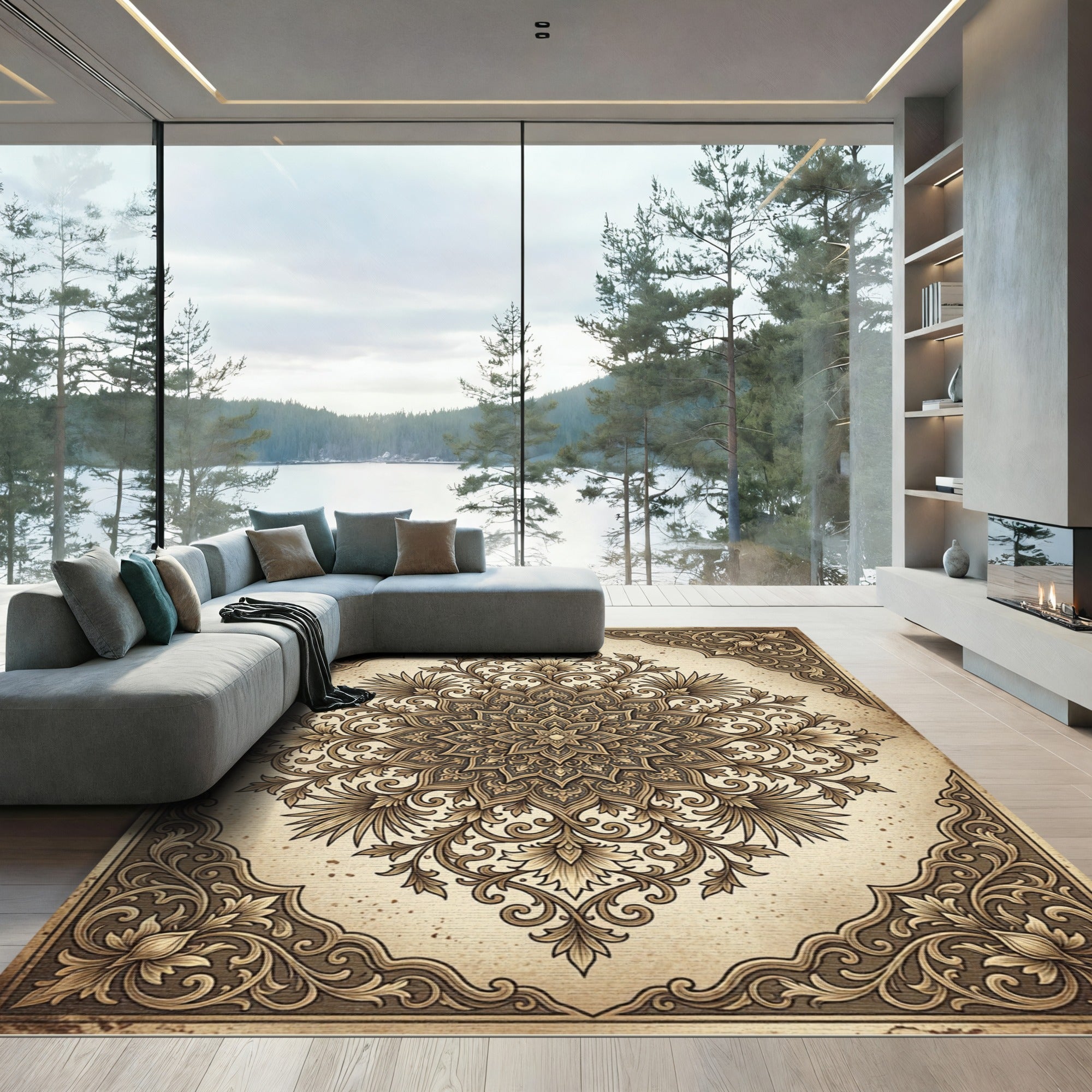 Ornate Beige Filigree Floral Medallion Rug
