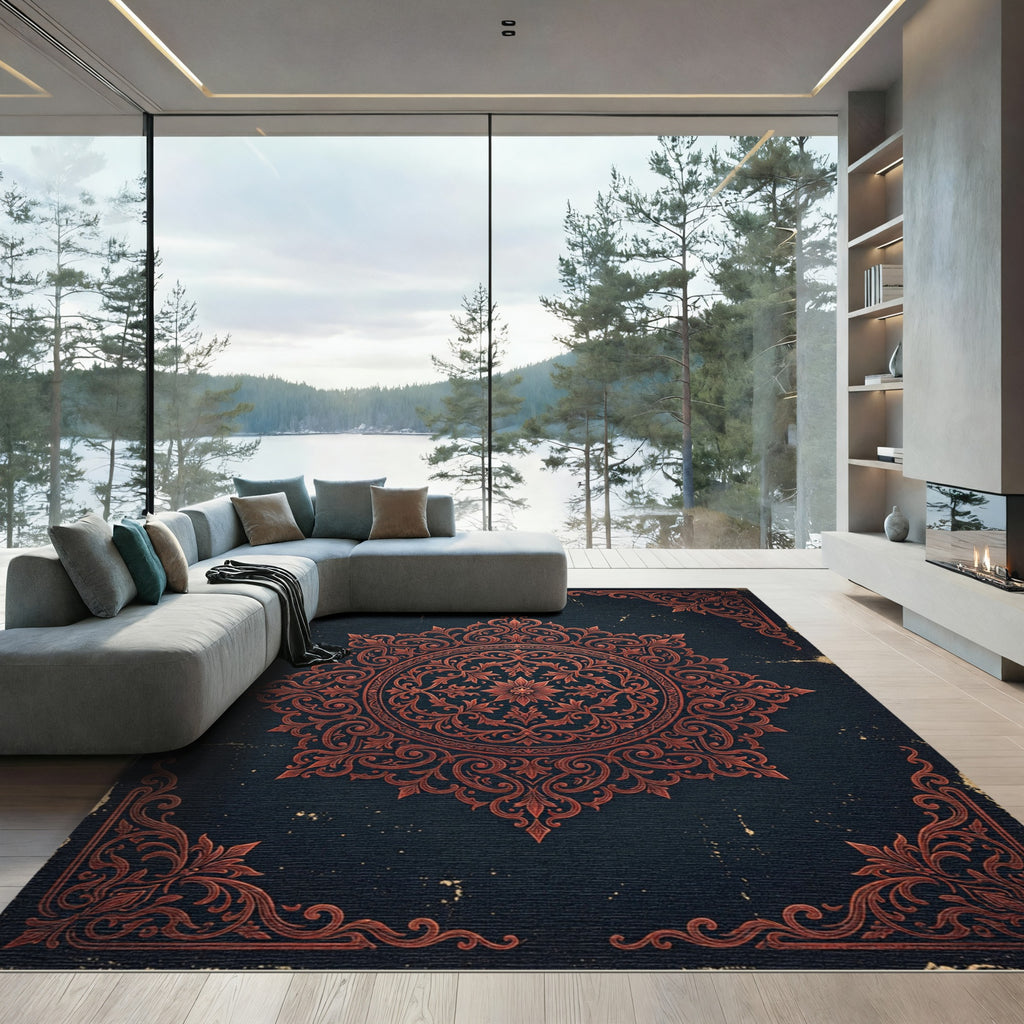 Ornate Copper Floral Medallion Charcoal Rug