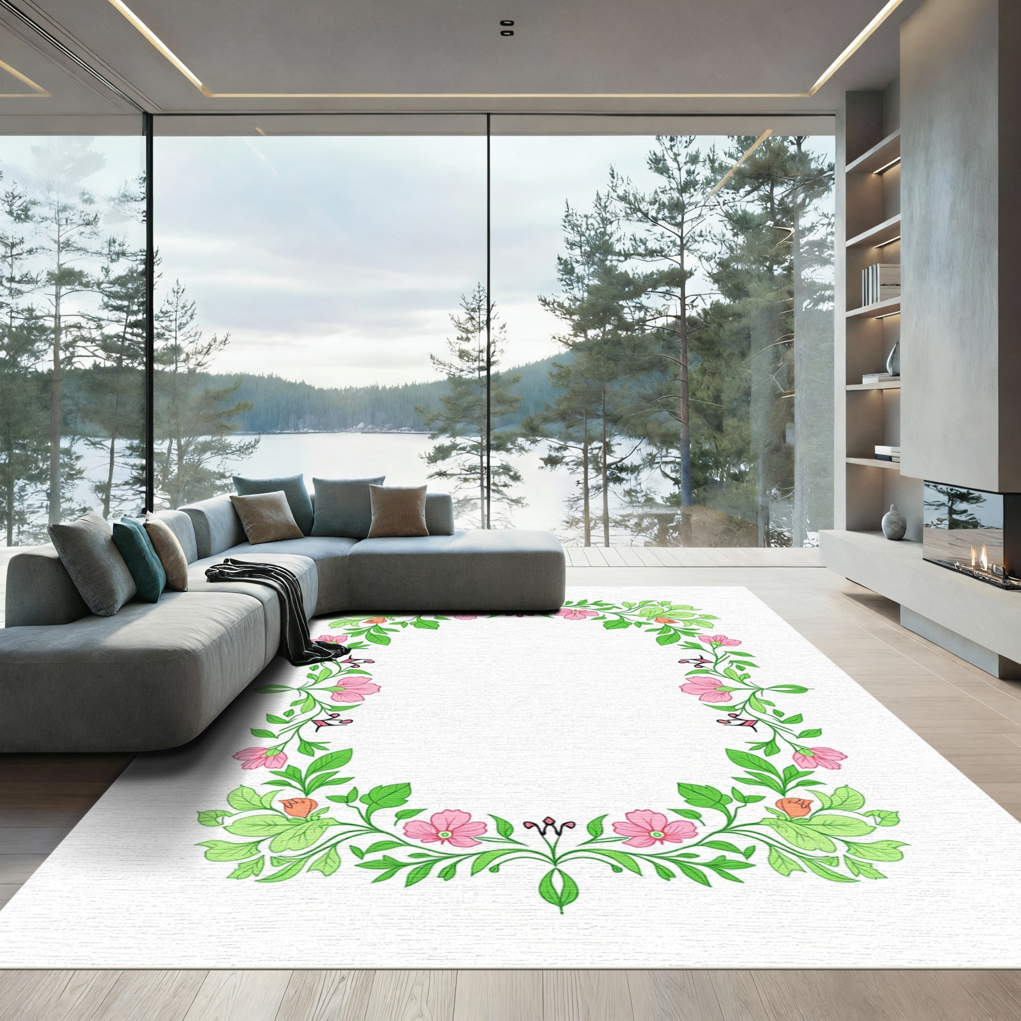 Pink Spring Floral Vine Border Rug
