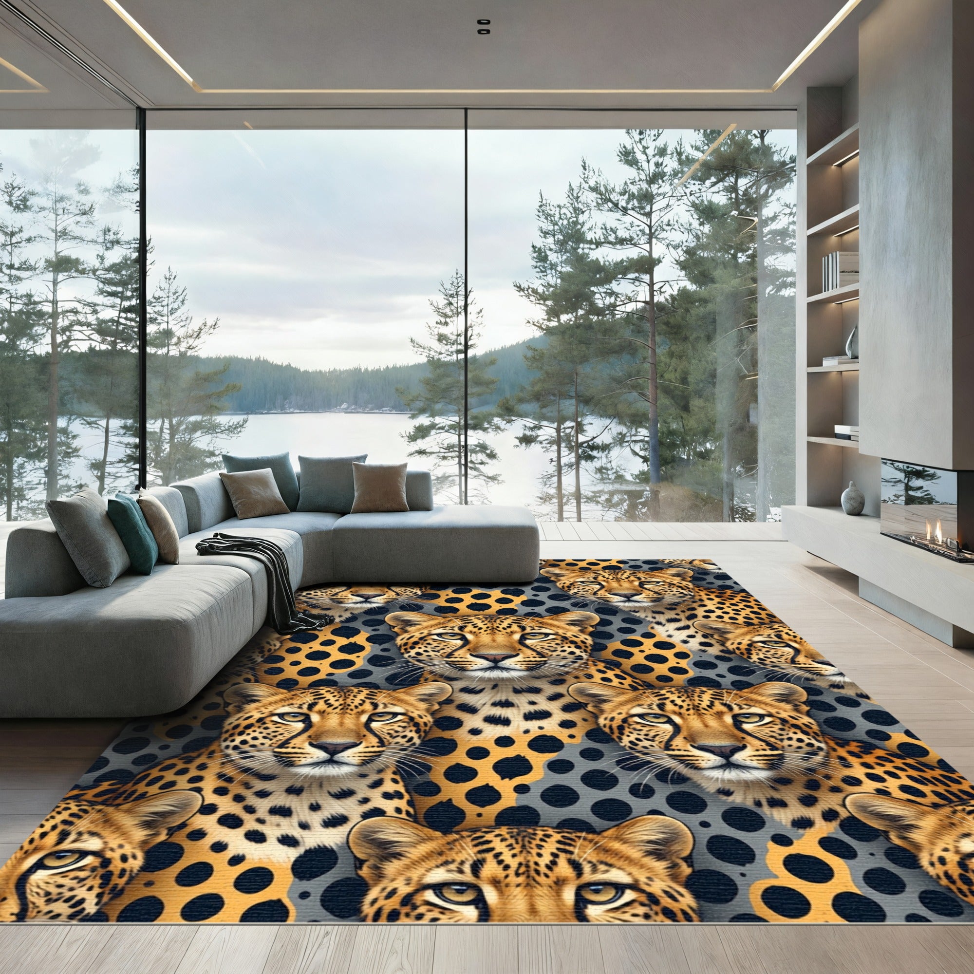 Leopard Spots And Faces Ochre Gray Rug