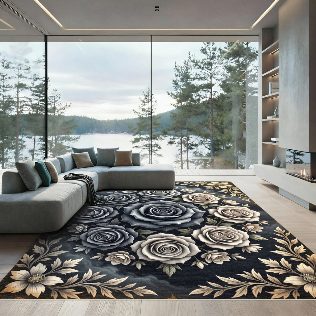 Dark Floral Blossom Arrangement Rug