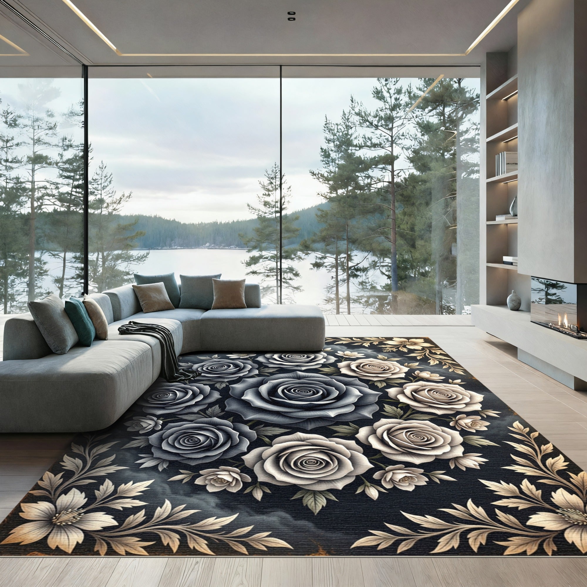 Dark Floral Blossom Arrangement Rug