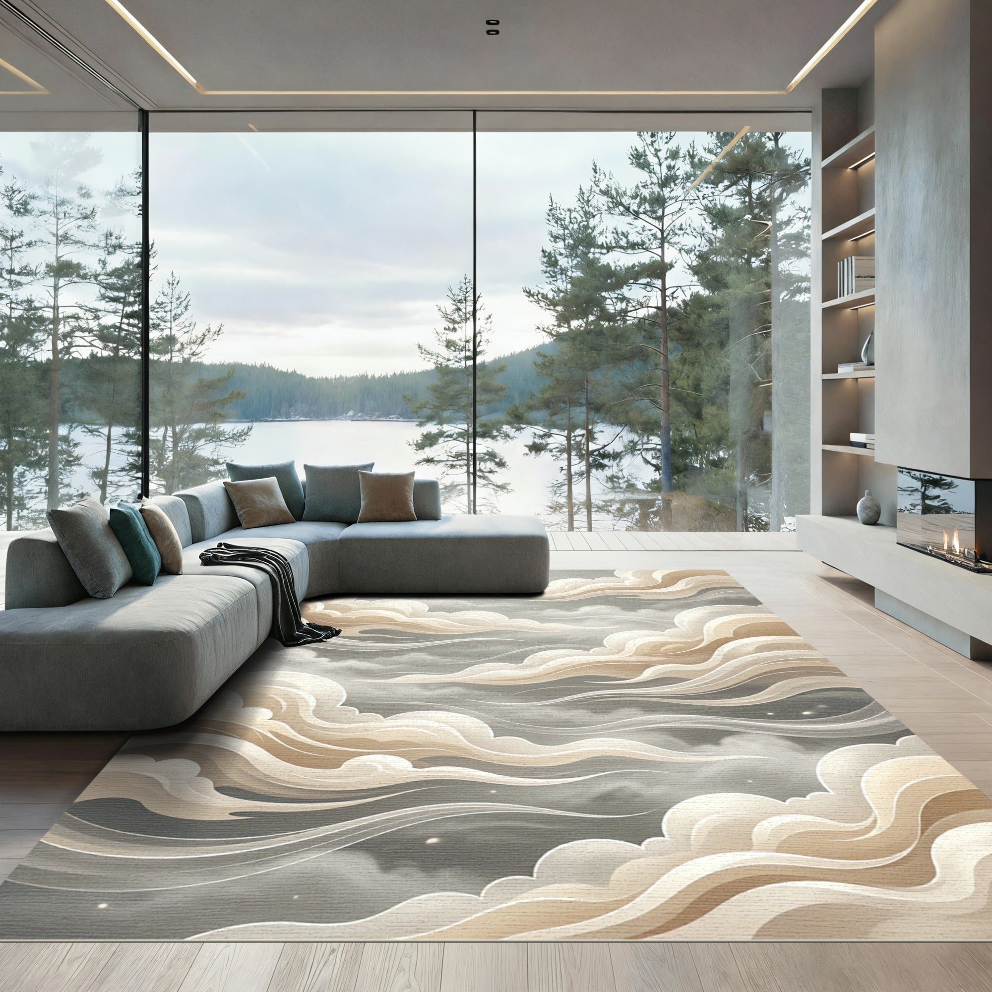 Ethereal Beige Fluid Cloud Swirls Rug