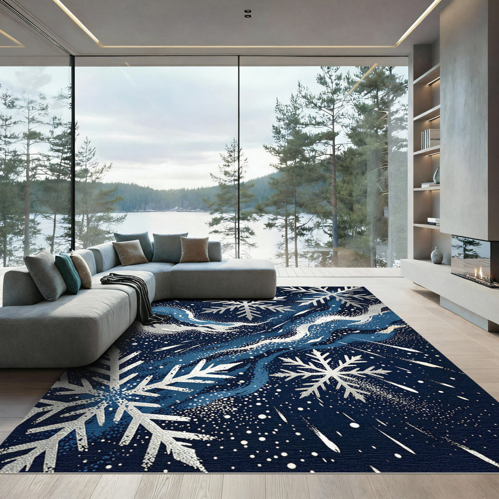 Silver Snowflake Abstract Navy Winter Sky Rug