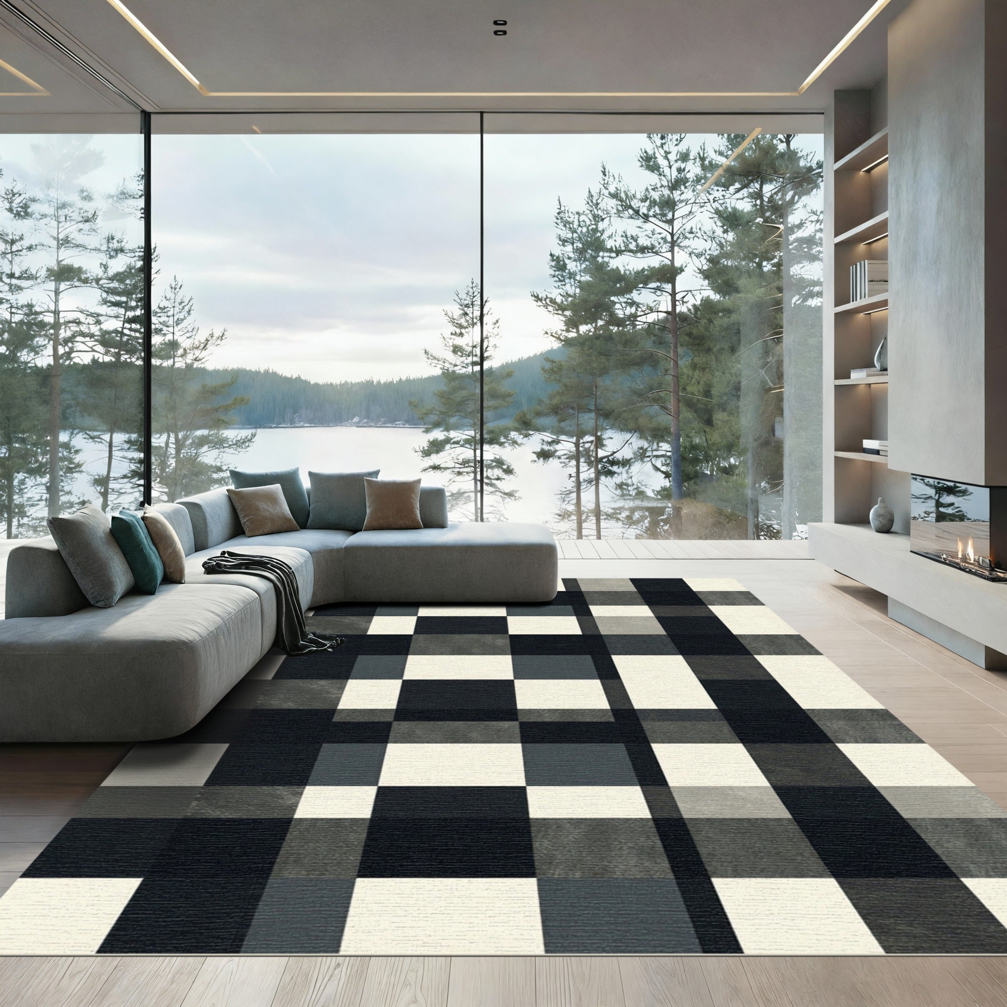 Minimalist Monochrome Checkered Grid Block Rug