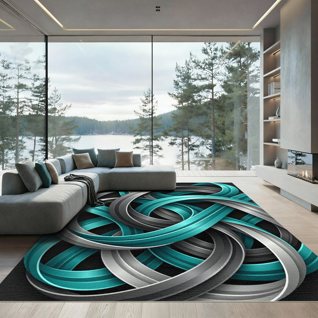 Abstract Teal and Silver Interwoven Swirls Rug