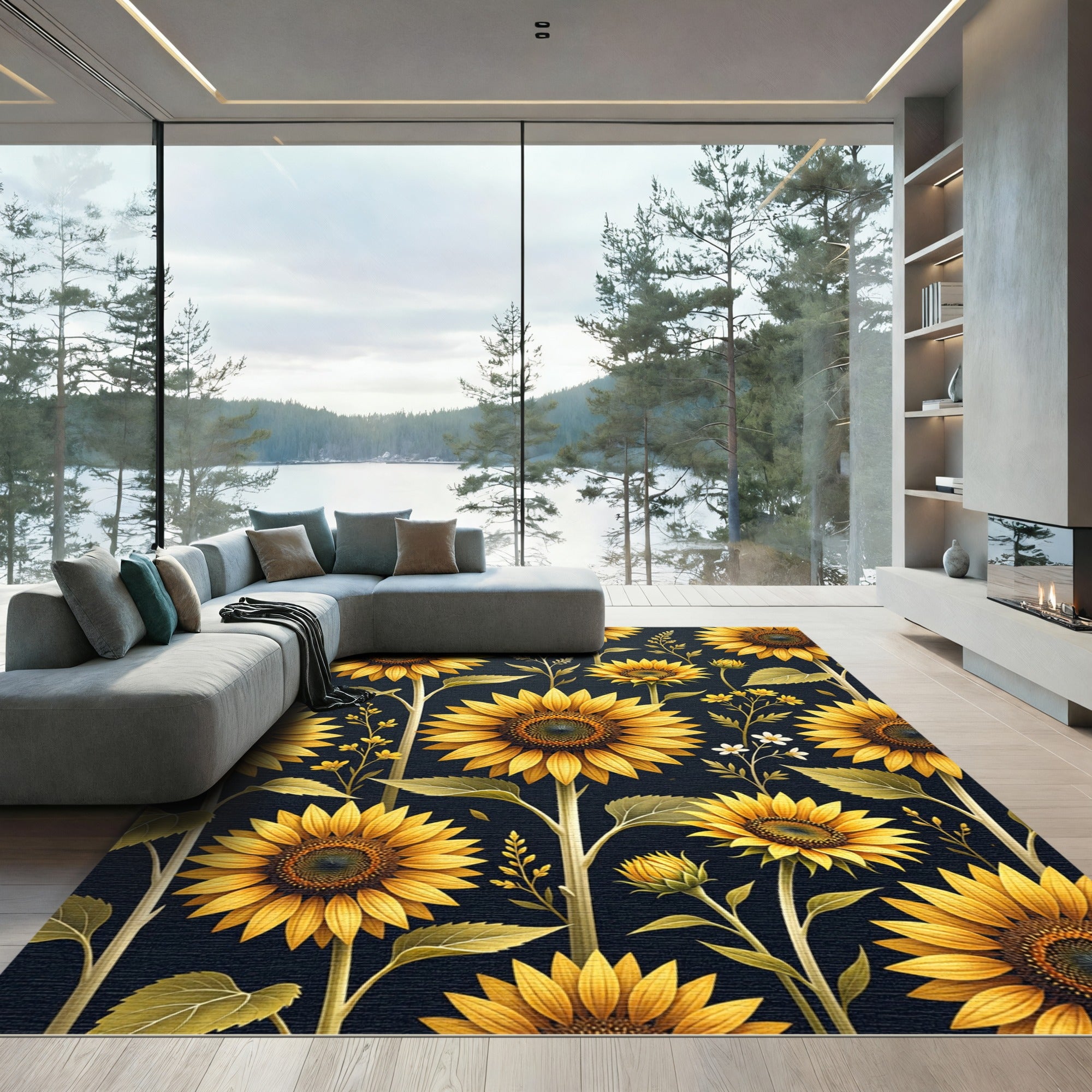 Radiant Golden Sunflower Botanical Illustration Rug