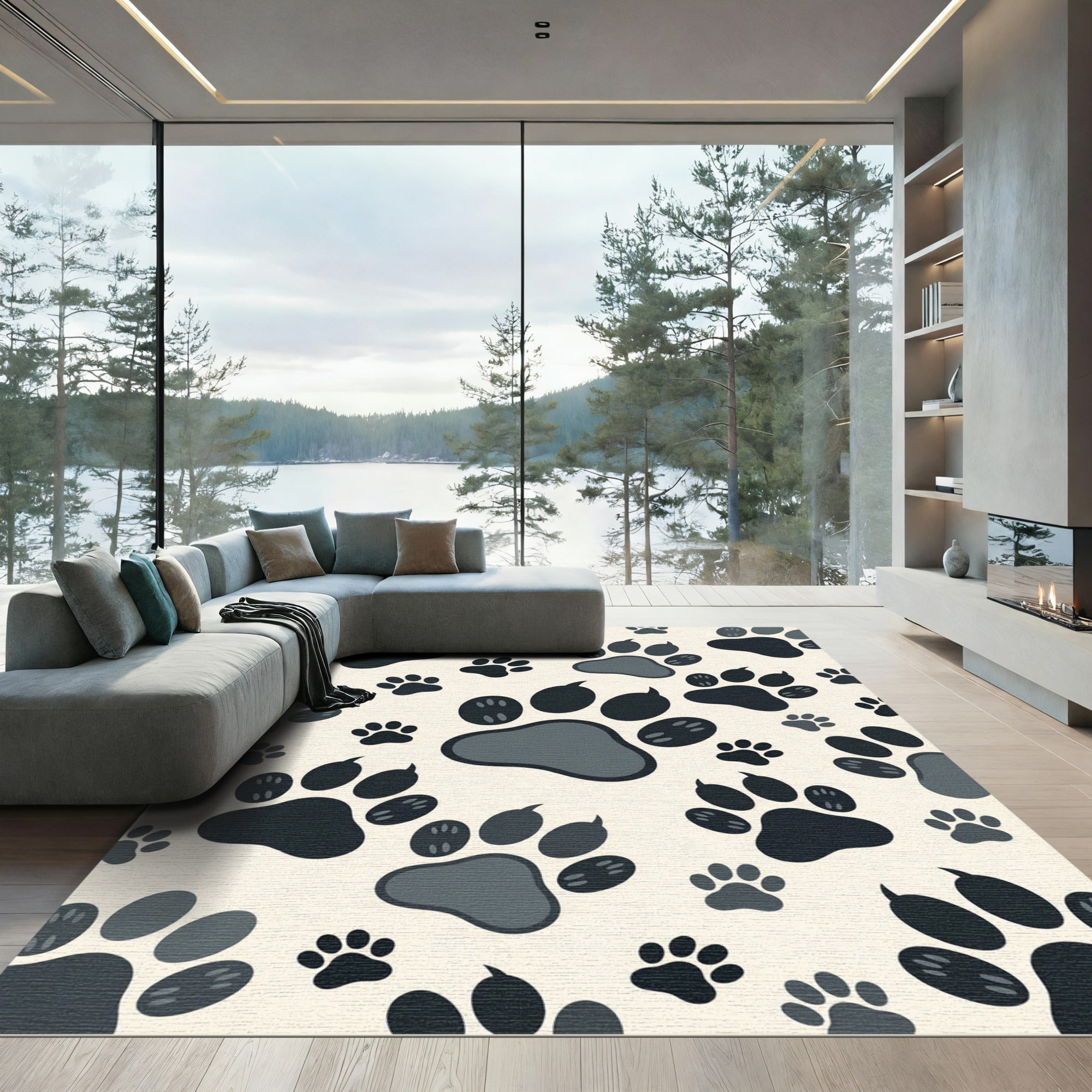 Whimsical Charcoal Animal Paw Track Rug