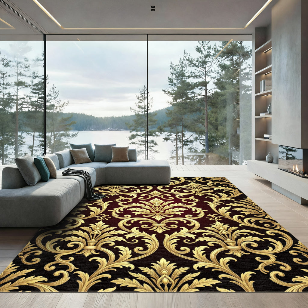 Luxurious Gold Damask Burgundy Scroll Rug