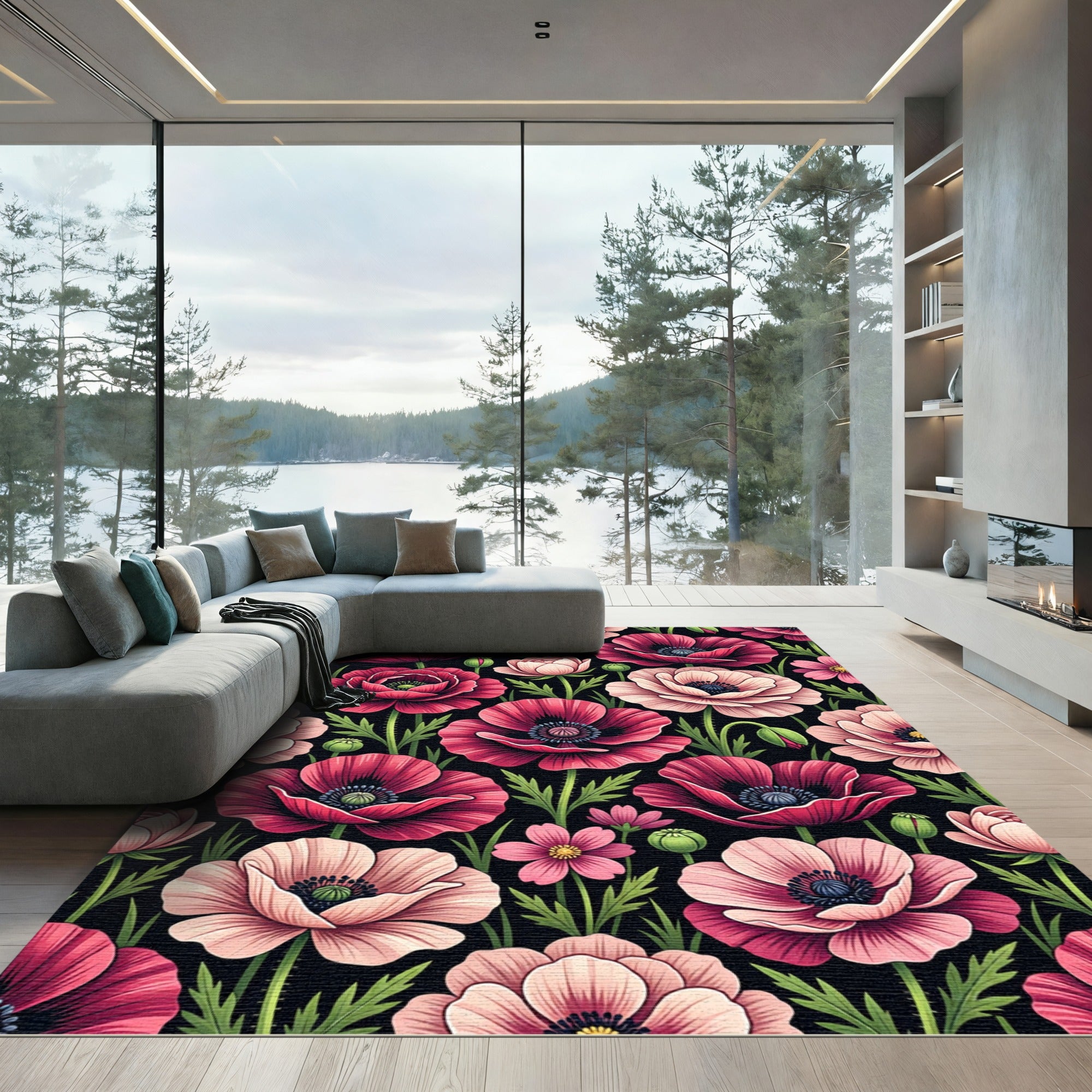 Pink Poppy Floral Botanical Garden Rug