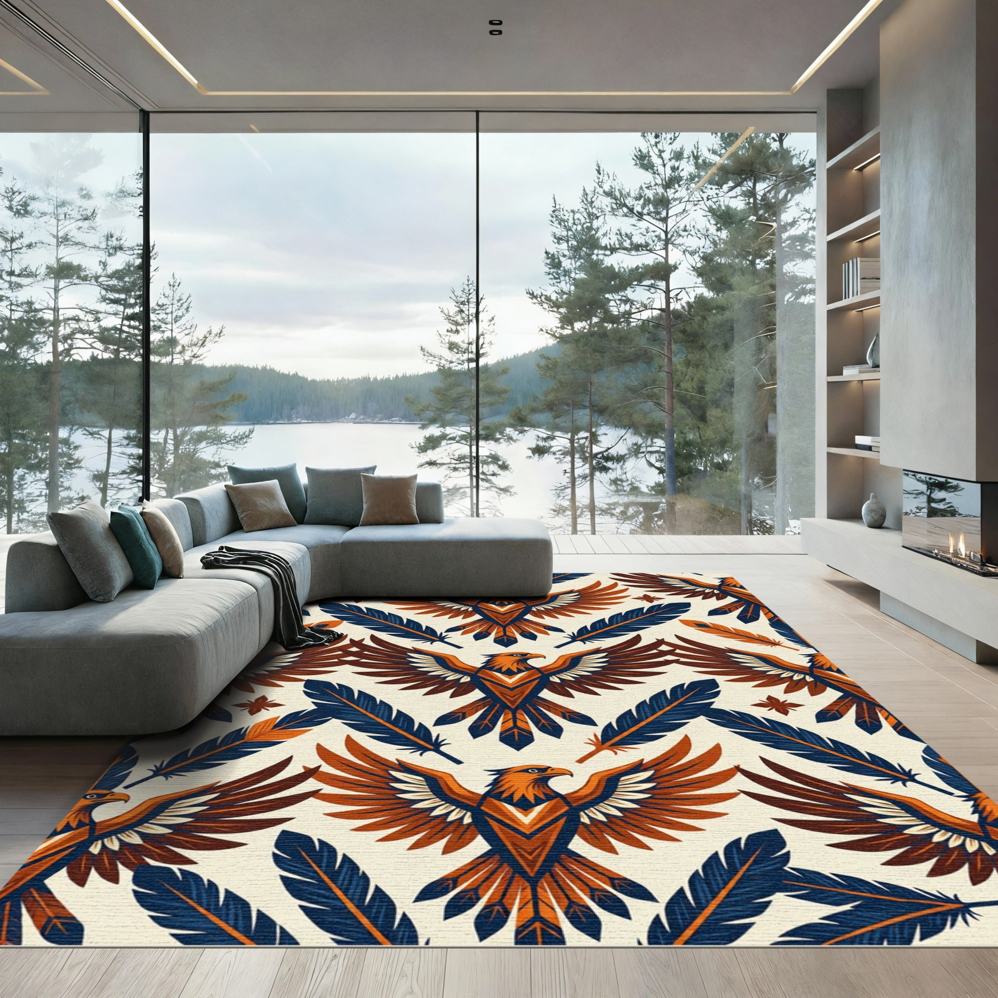 Geometric Eagle and Feather Art Deco Rug