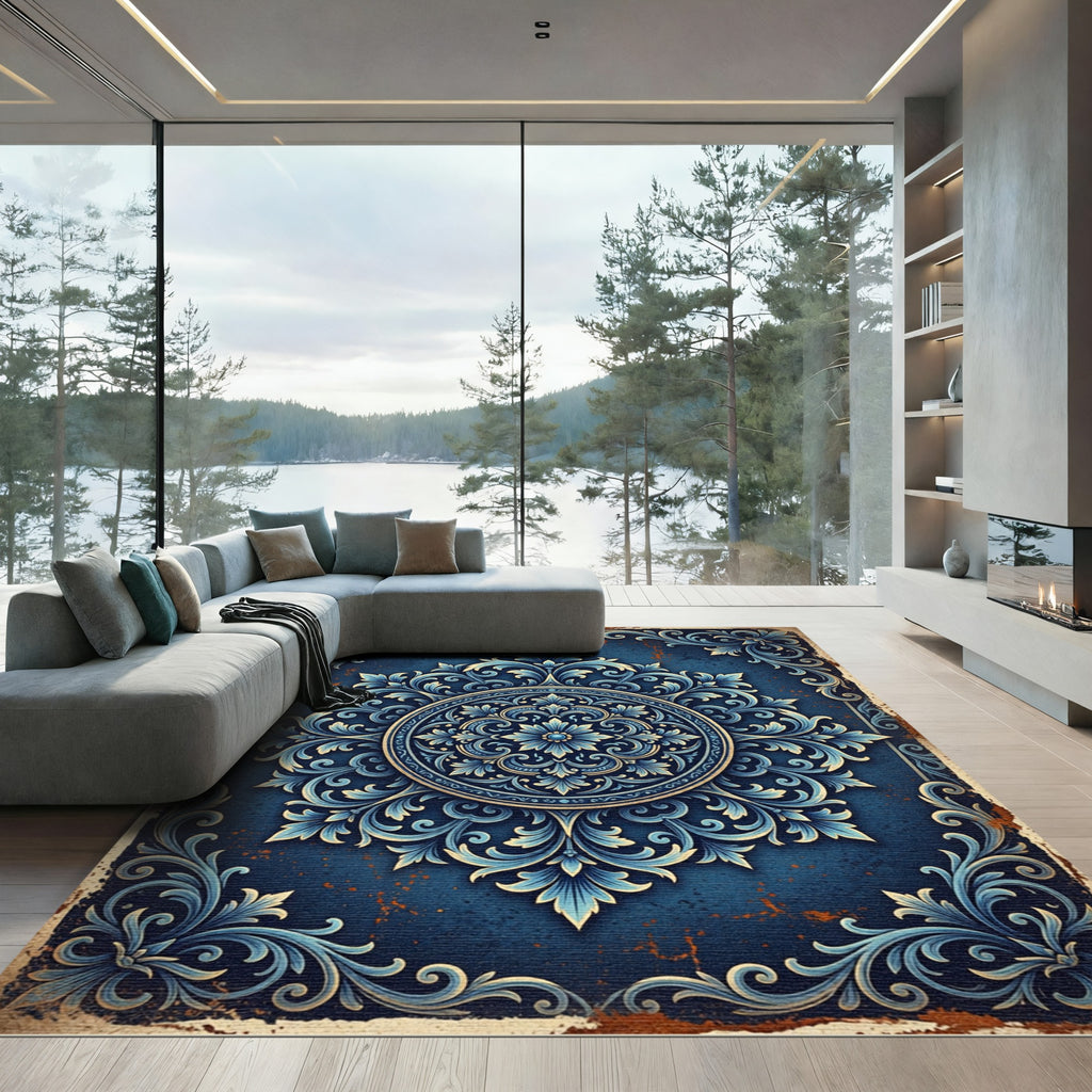 Vintage Navy Blue Floral Medallion Rug