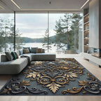 Ornate Metallic Gold and Silver Scrollwork Rug