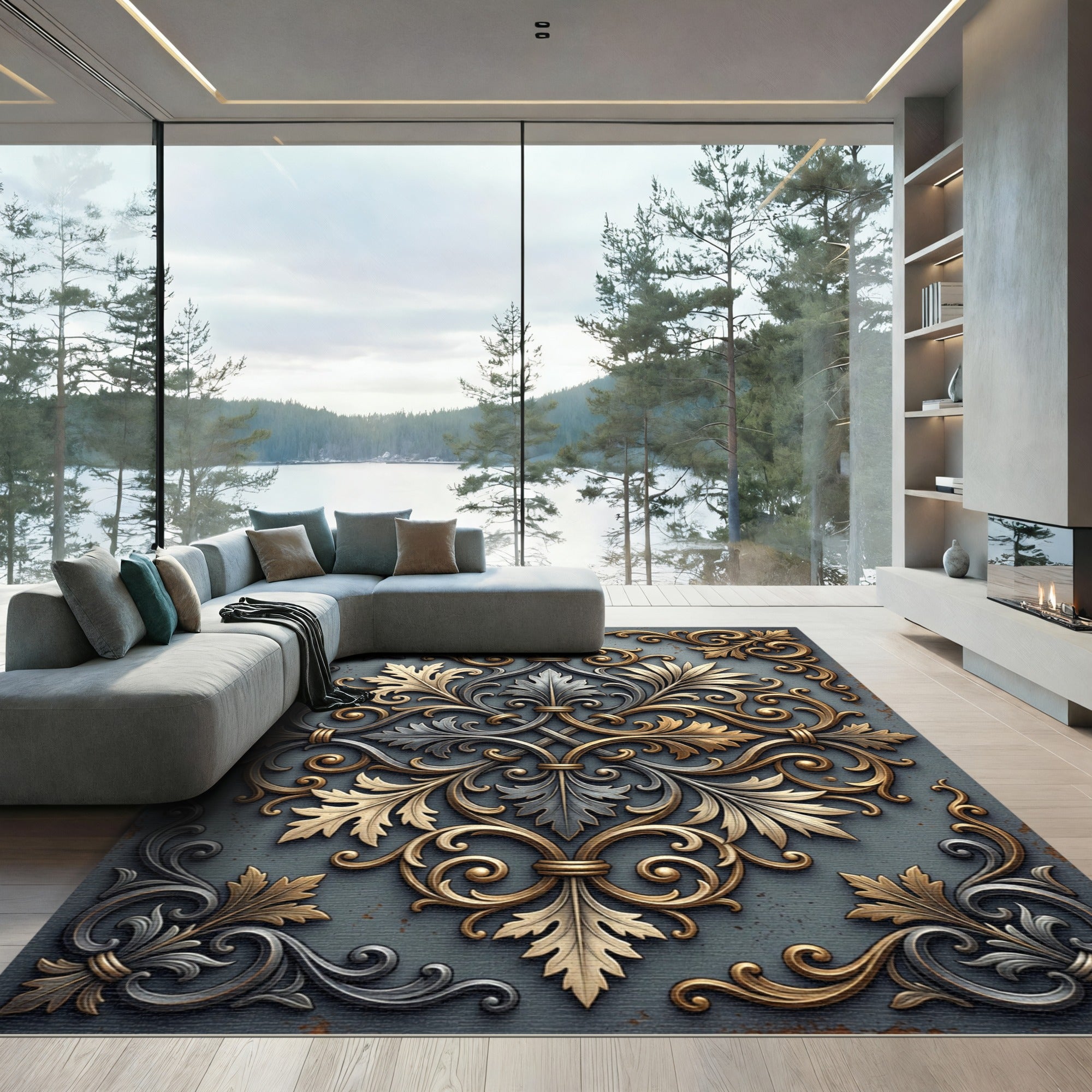 Ornate Metallic Gold and Silver Scrollwork Rug