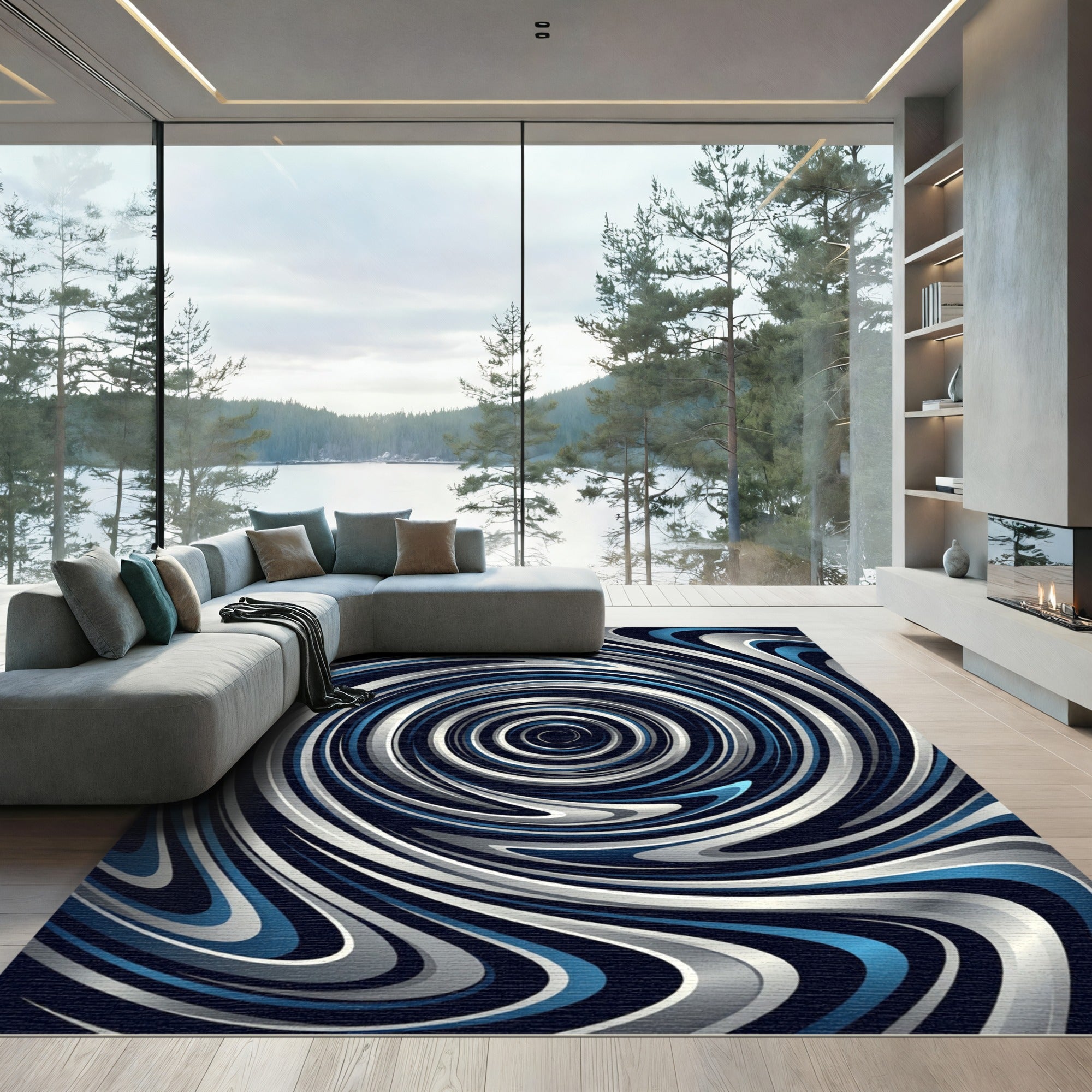 Midnight Blue Metallic Swirl Vortex Rug