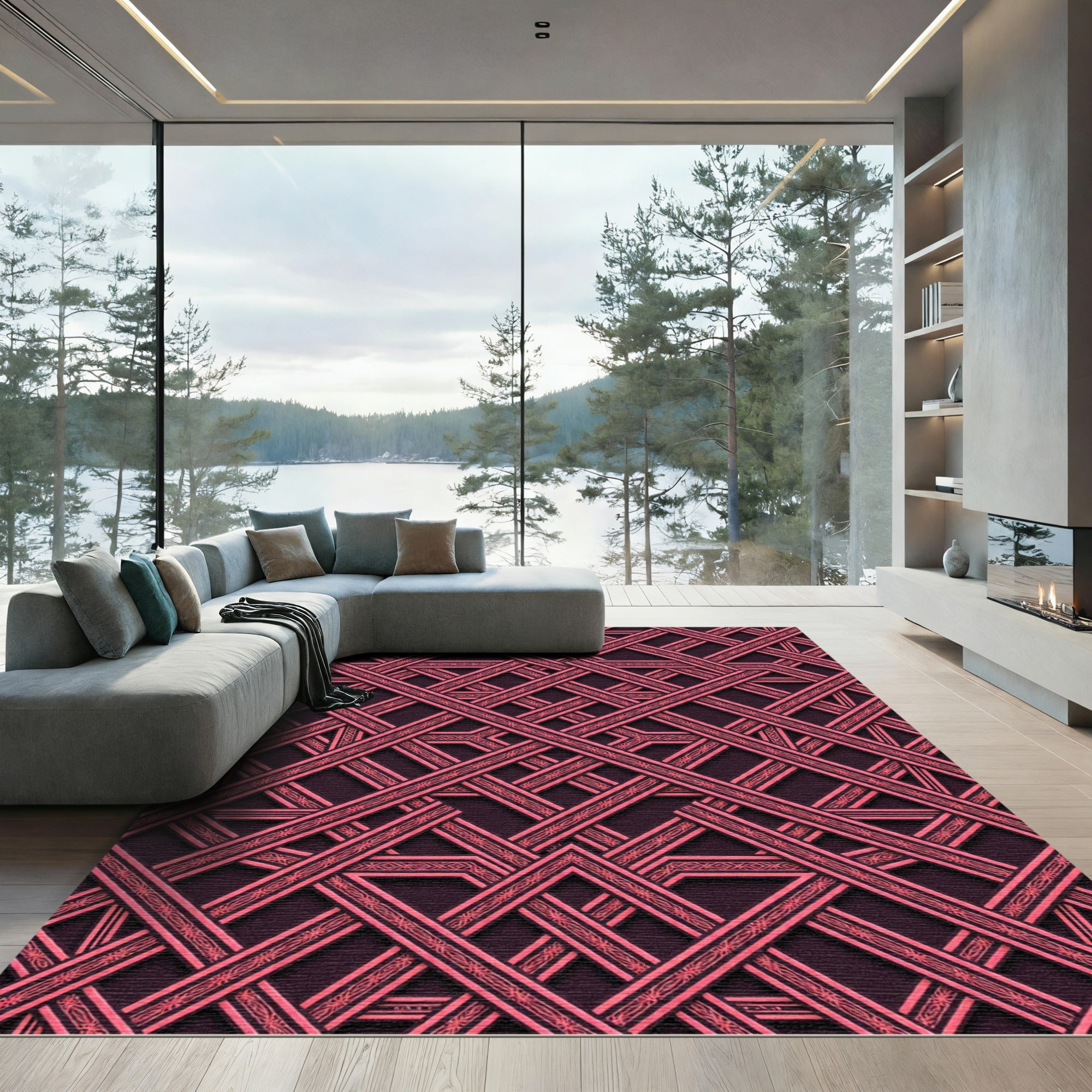 Geometric Intersecting Coral Lines Overlay Rug