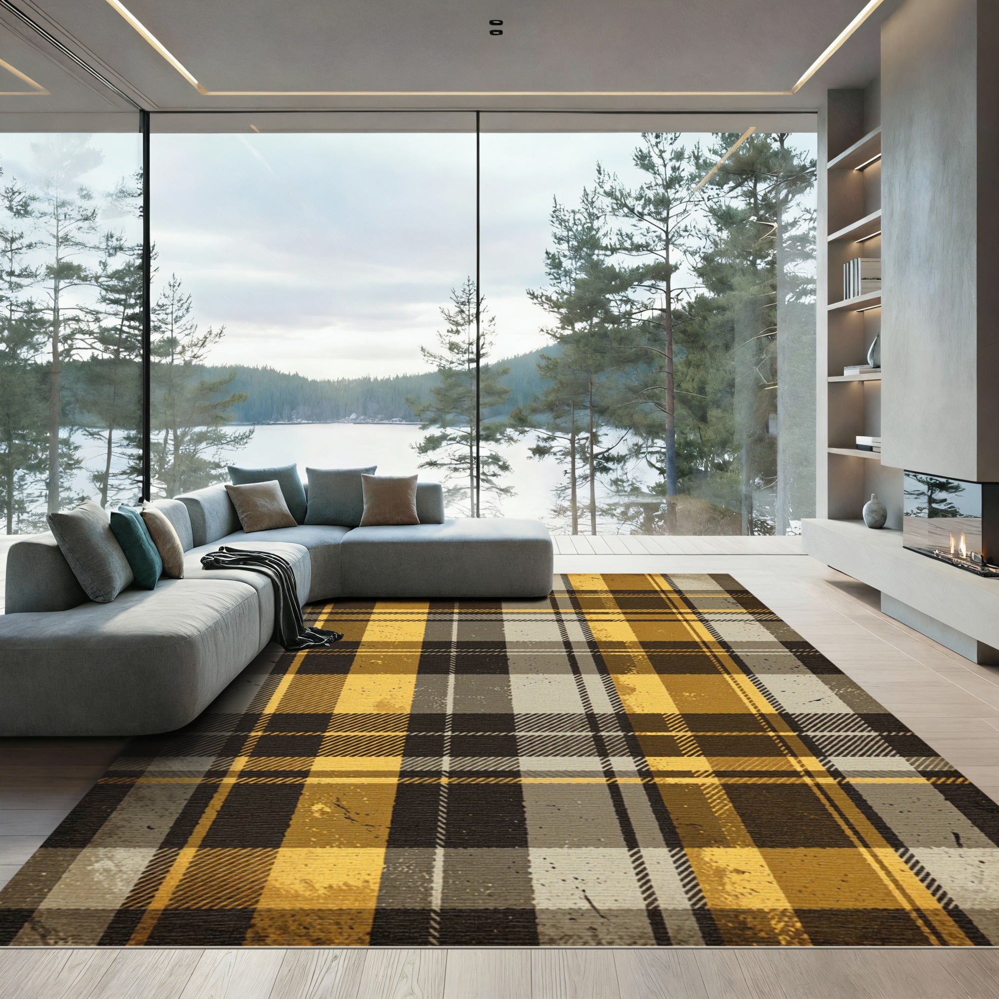 Rustic Ochre and Charcoal Plaid Rug