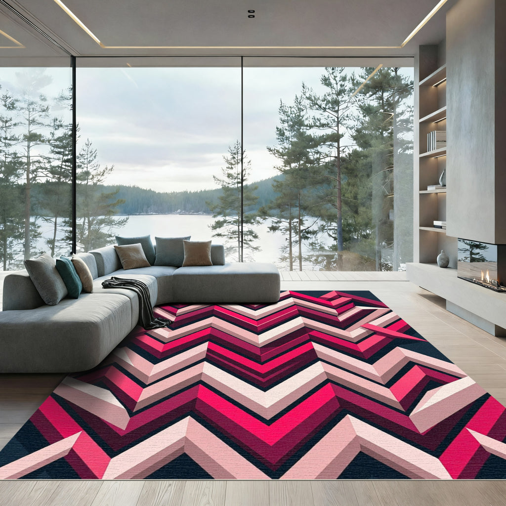 Crimson Pink Zigzag Chevron Layered Rug
