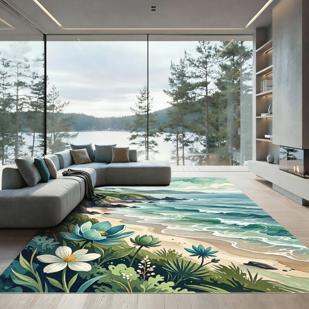 Coastal Landscape with Teal Floral Hills Rug