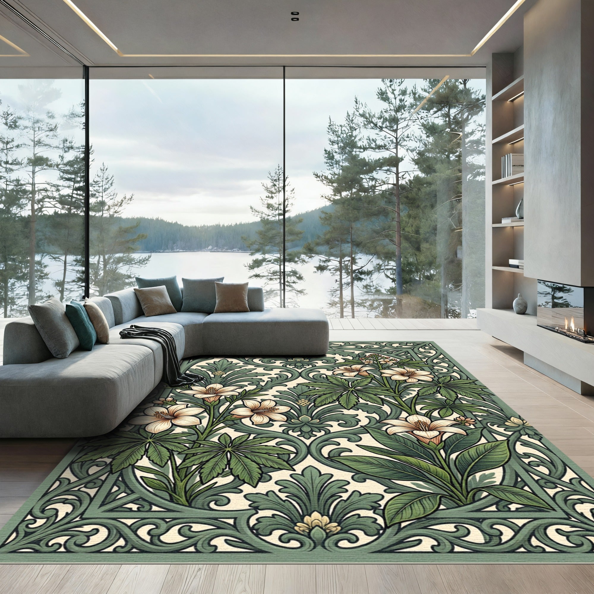 Sage Green Floral Lily Scrollwork Rug