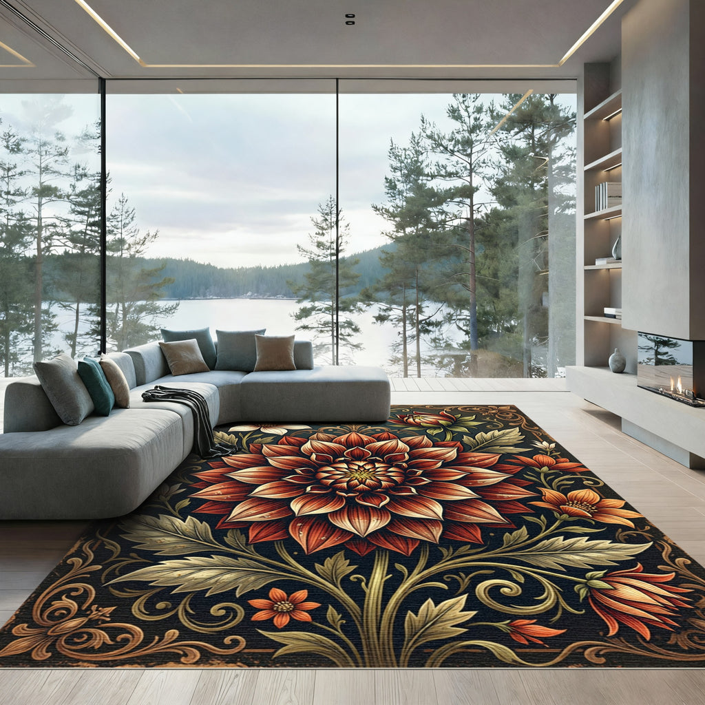 Elegant Crimson Dahlia Floral Botanical Area Rug