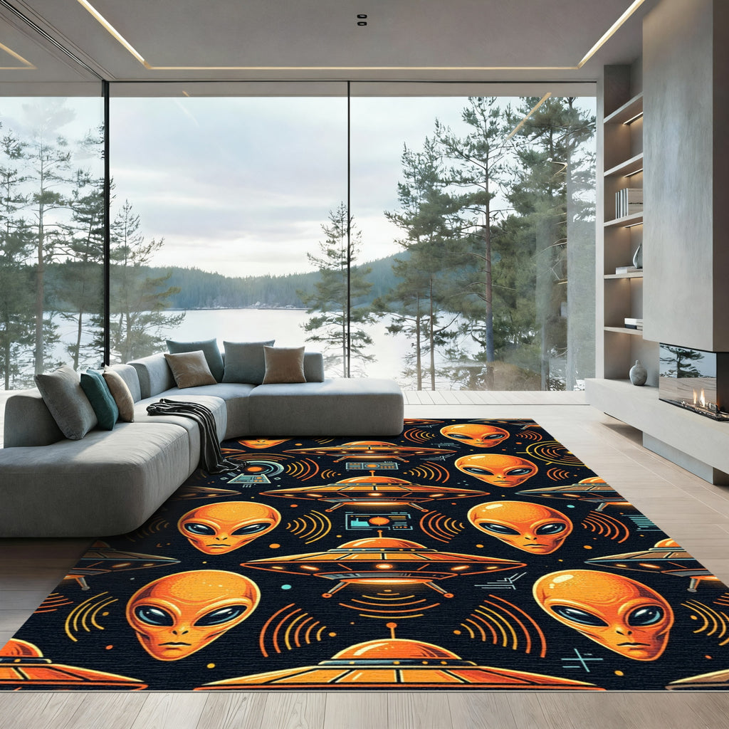 Orange Alien Ufo Retro Space Graphic Rug