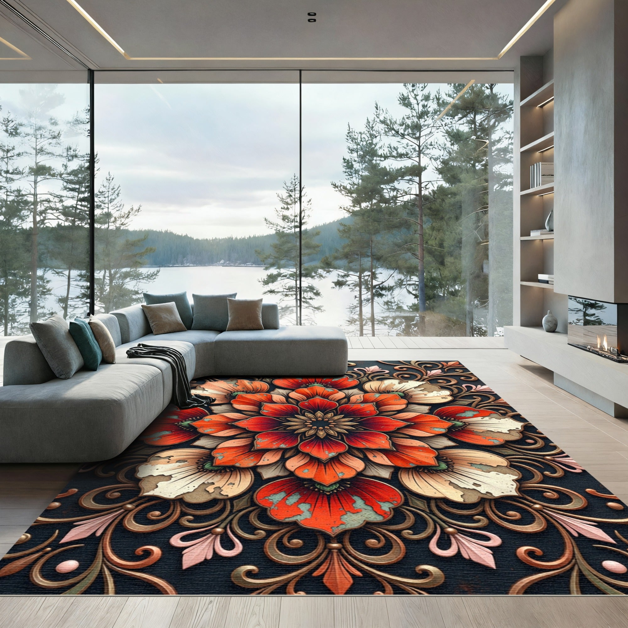 Ornate Red Floral Mandala Rug