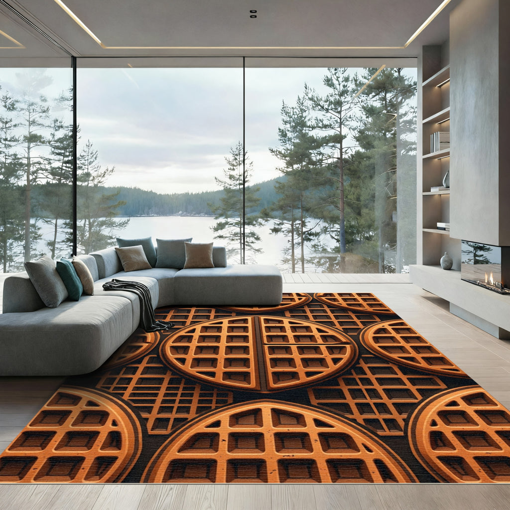 Textured Golden Waffle Grid Geometric Rug